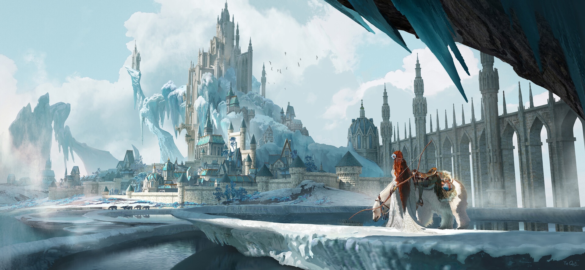 Fantasy ice castle with archer on polar bear HD Wallpaper