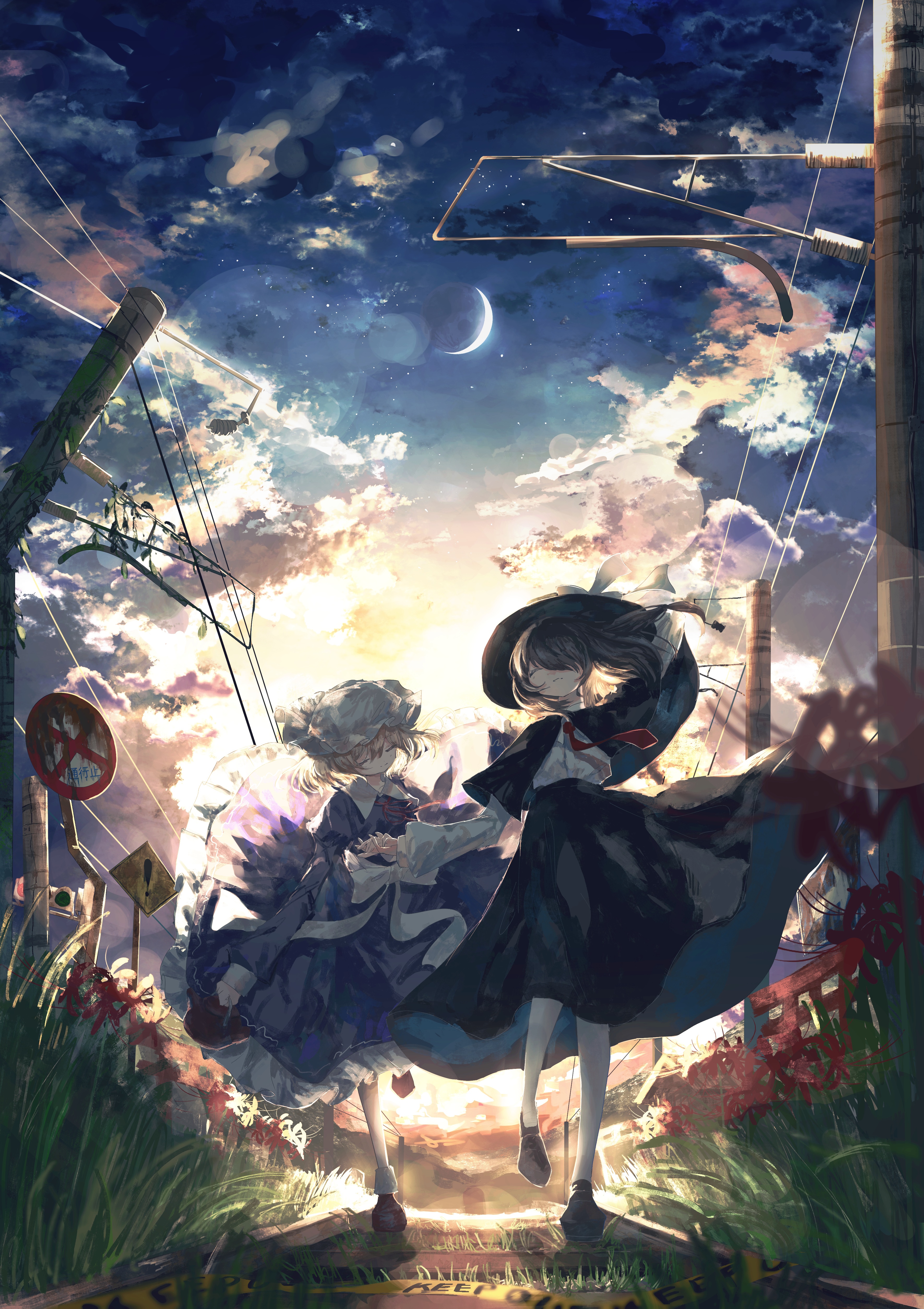 Maribel Hearn and Usami Renko under a crescent moon HD Phone Wallpaper