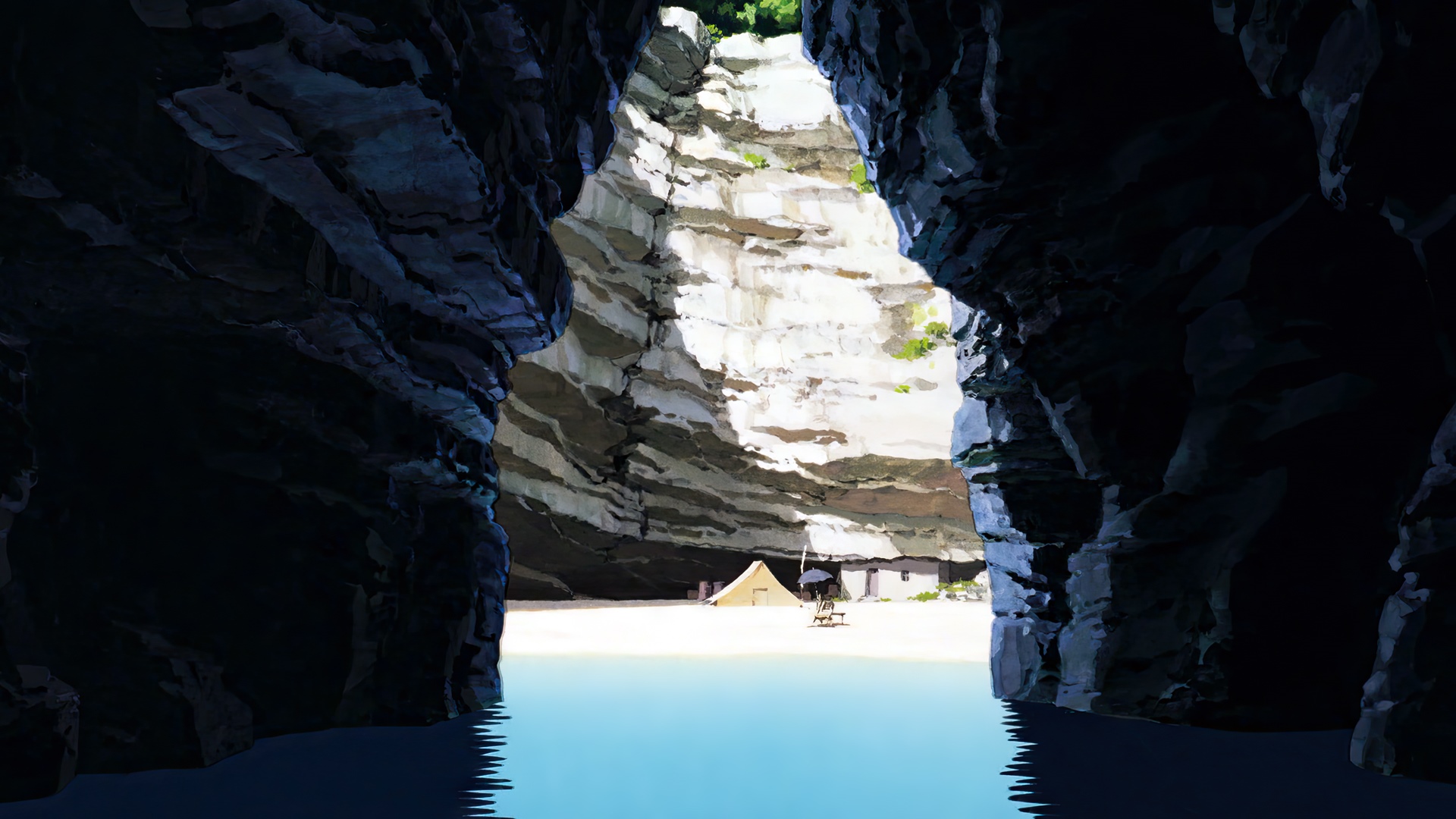 Porco Rosso cave entrance with tent and cabin HD Wallpaper
