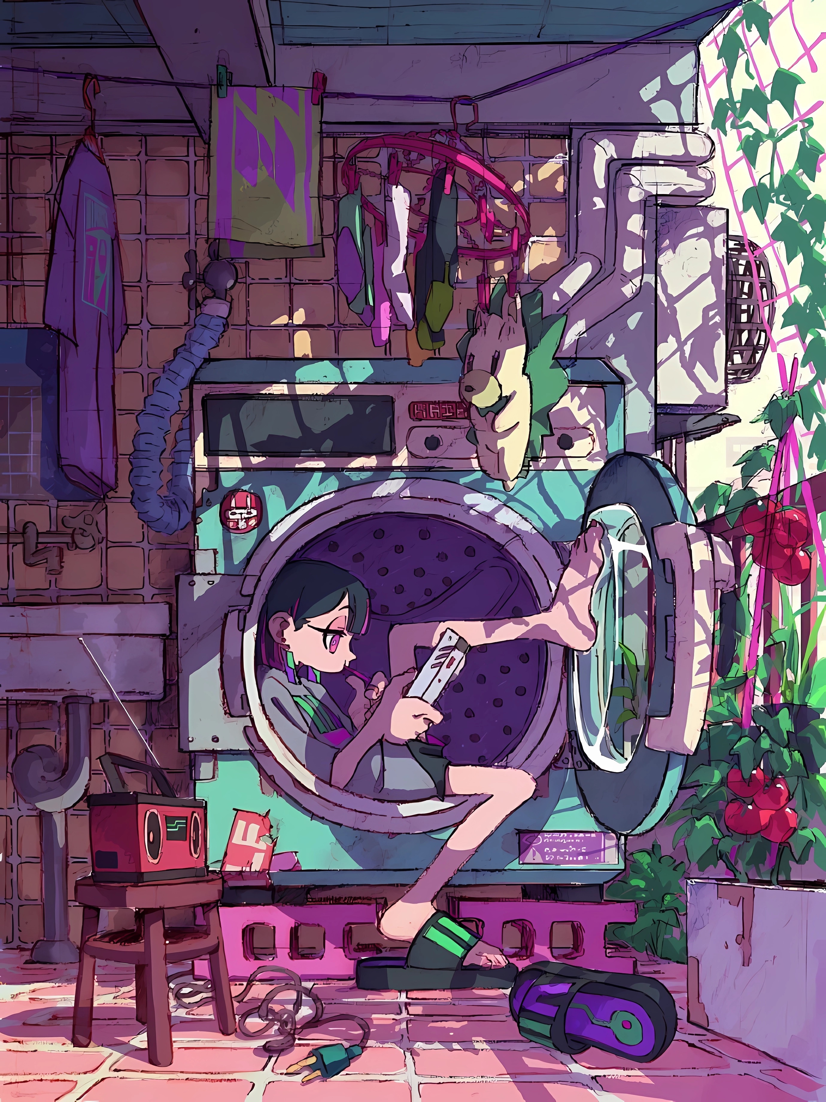 Girl in washing machine with radio and clothes HD Phone Wallpaper