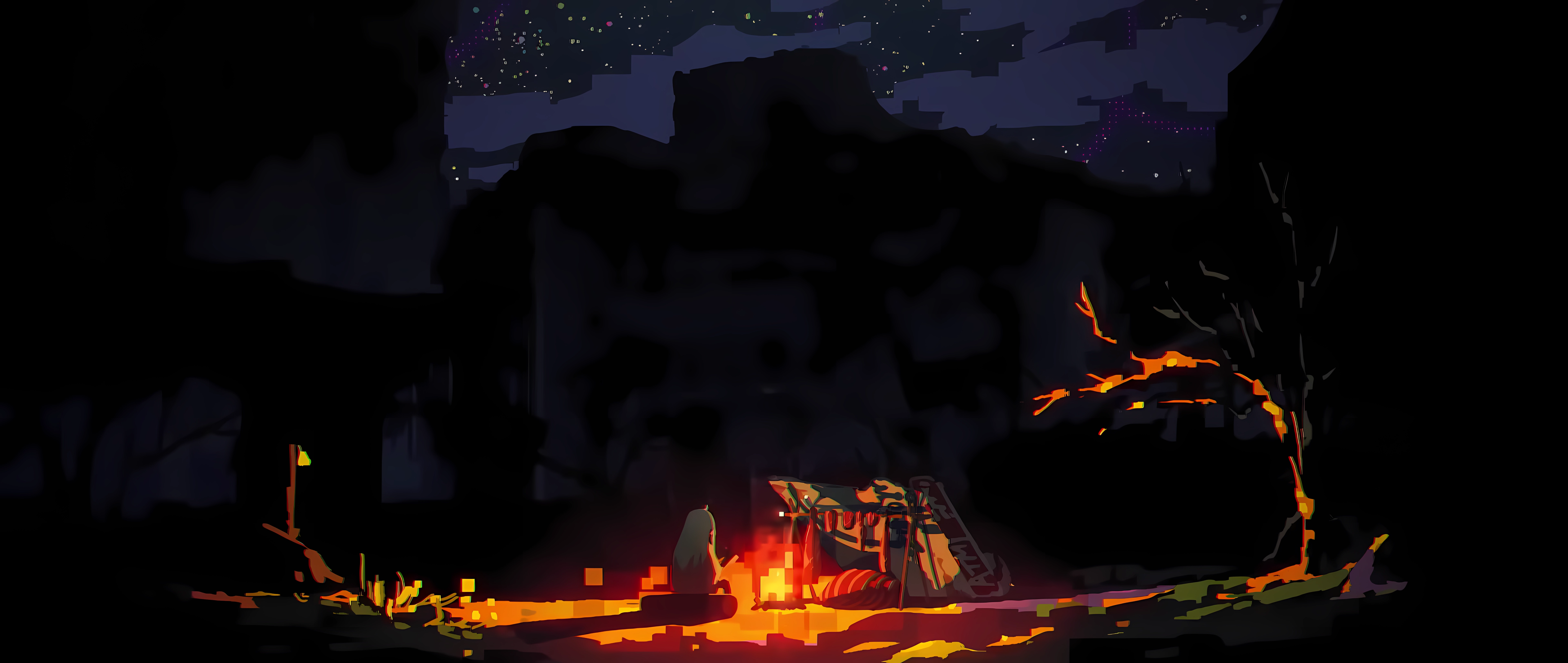 Hanabushi camp at night with a campfire HD Wallpaper