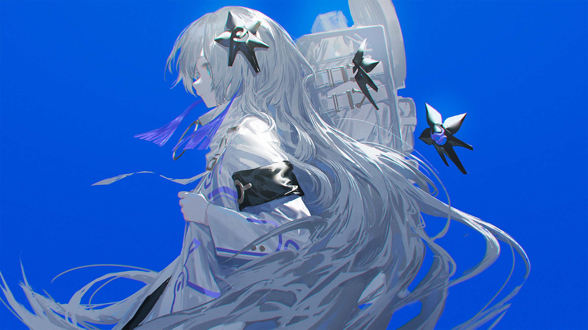 Girl with white hair and backpack on blue background HD Wallpaper