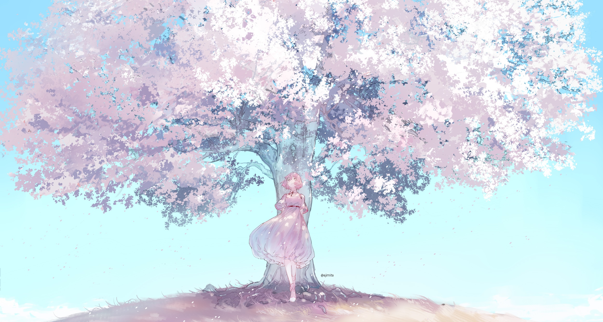 Girl in pink dress under a blooming cherry blossom tree HD Wallpaper