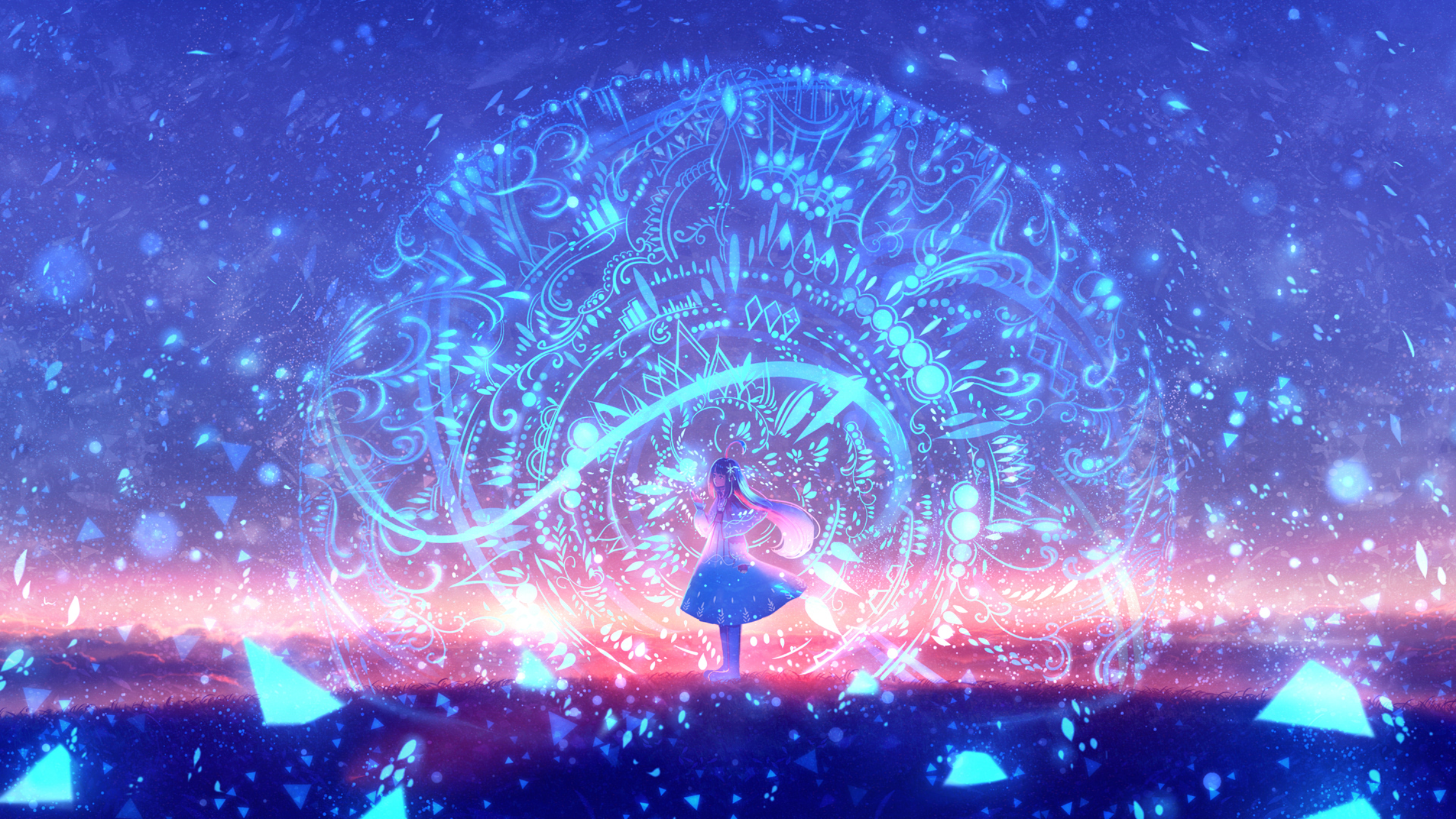 Anime girl in a blue dress with a magical circle HD Wallpaper