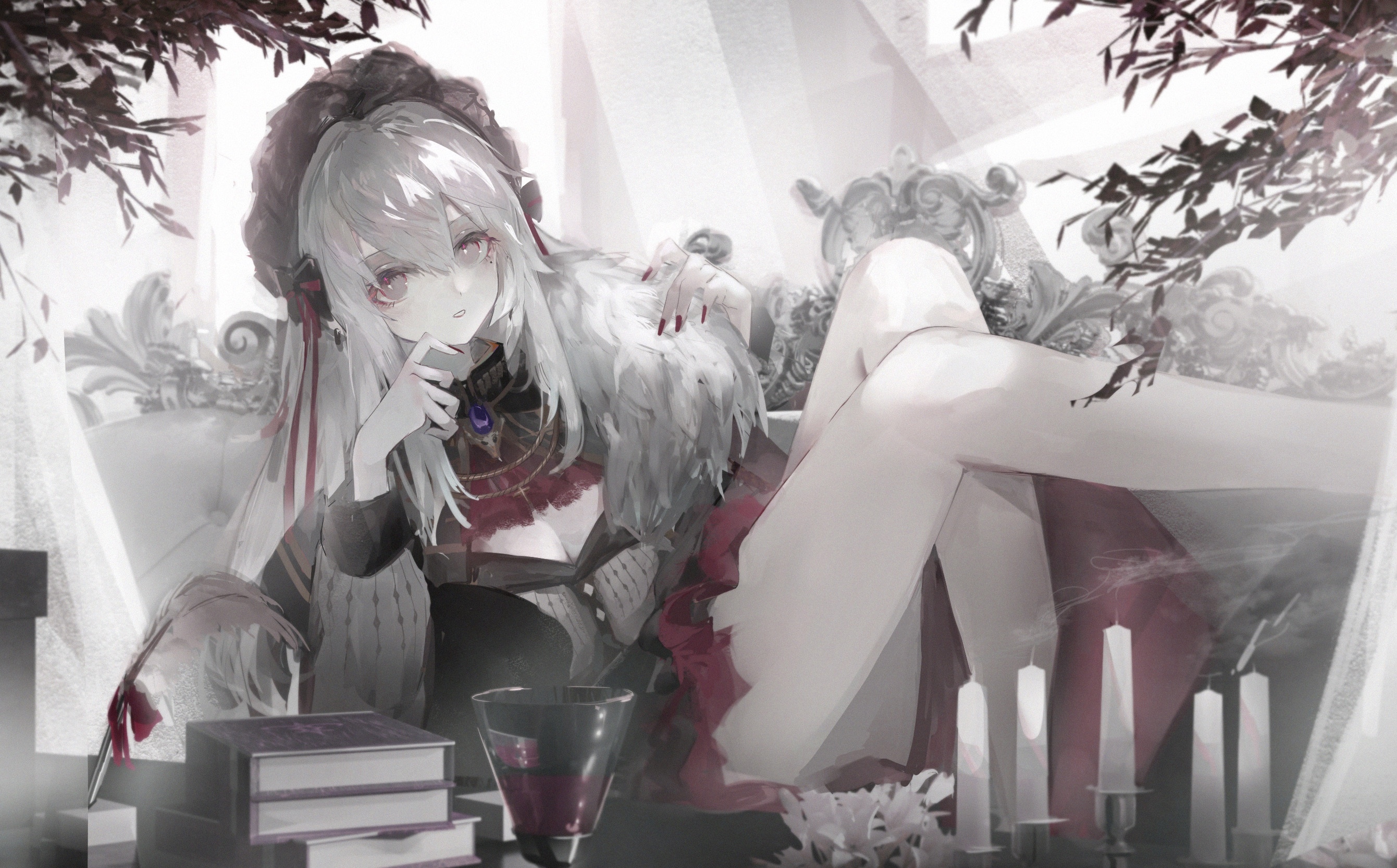 Anime girl with white hair in a gothic dress HD Wallpaper