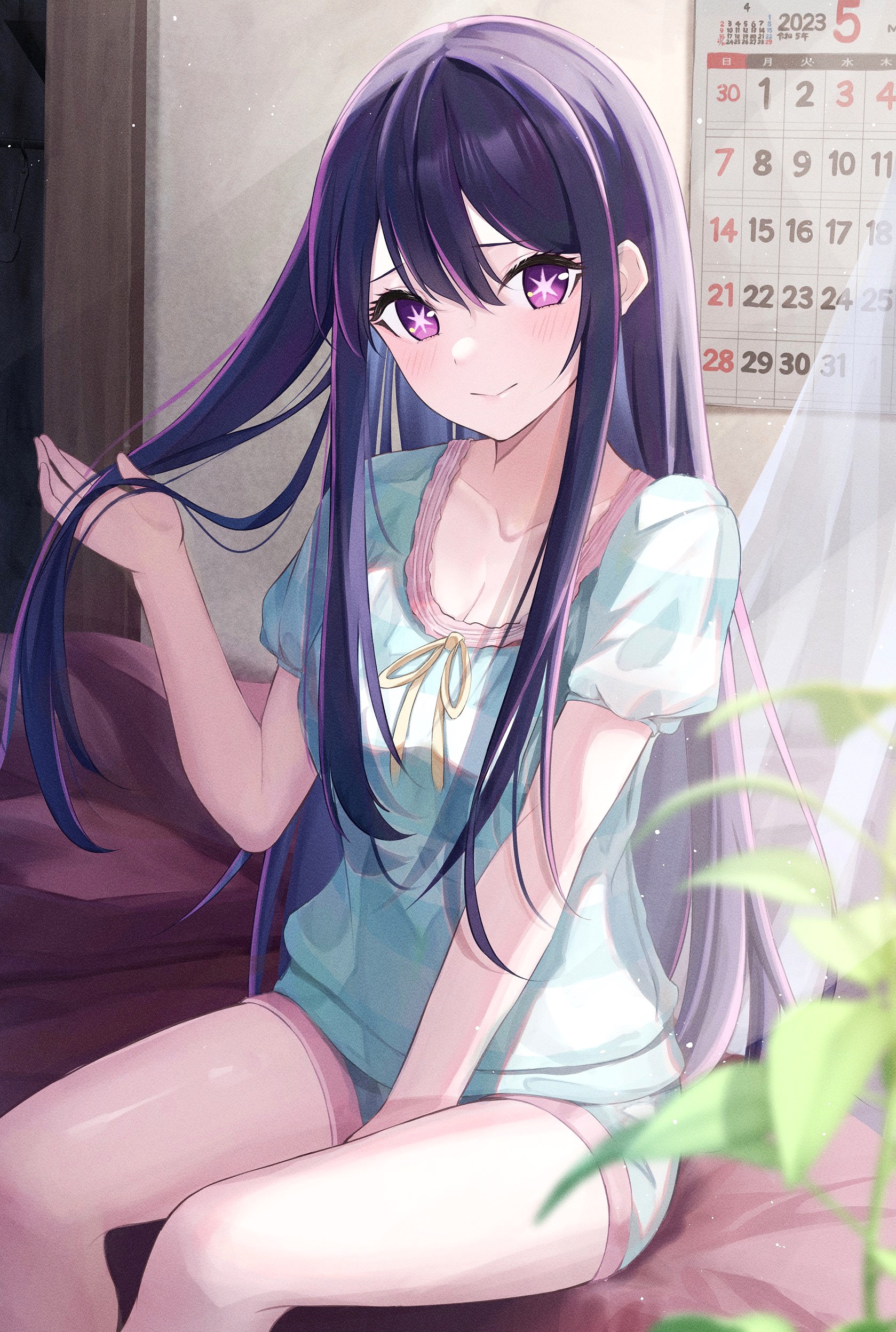 Oshi no Ko: Hoshino Ai with Star Eyes and Calendar HD Phone Wallpaper