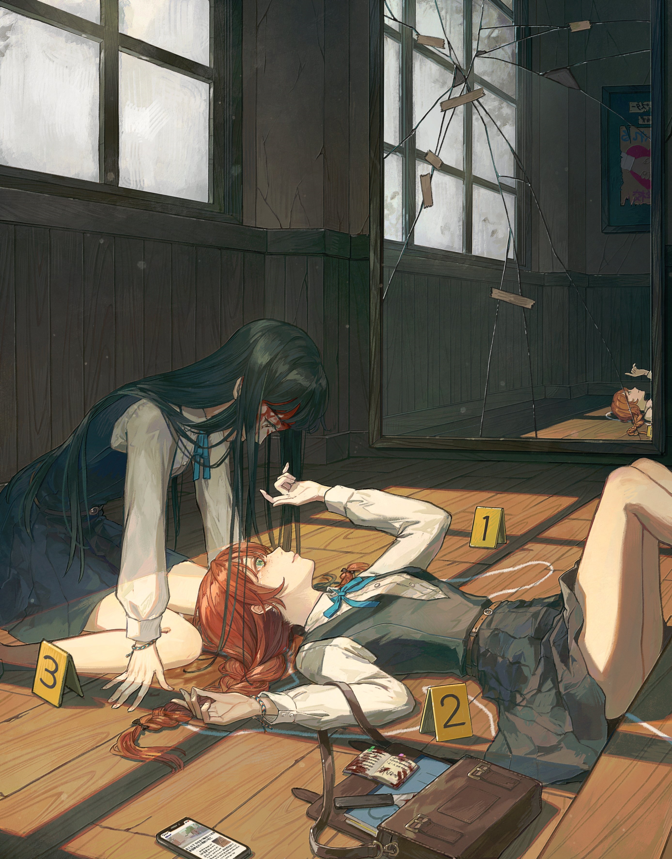 Two girls in a room with a broken mirror HD Phone Wallpaper