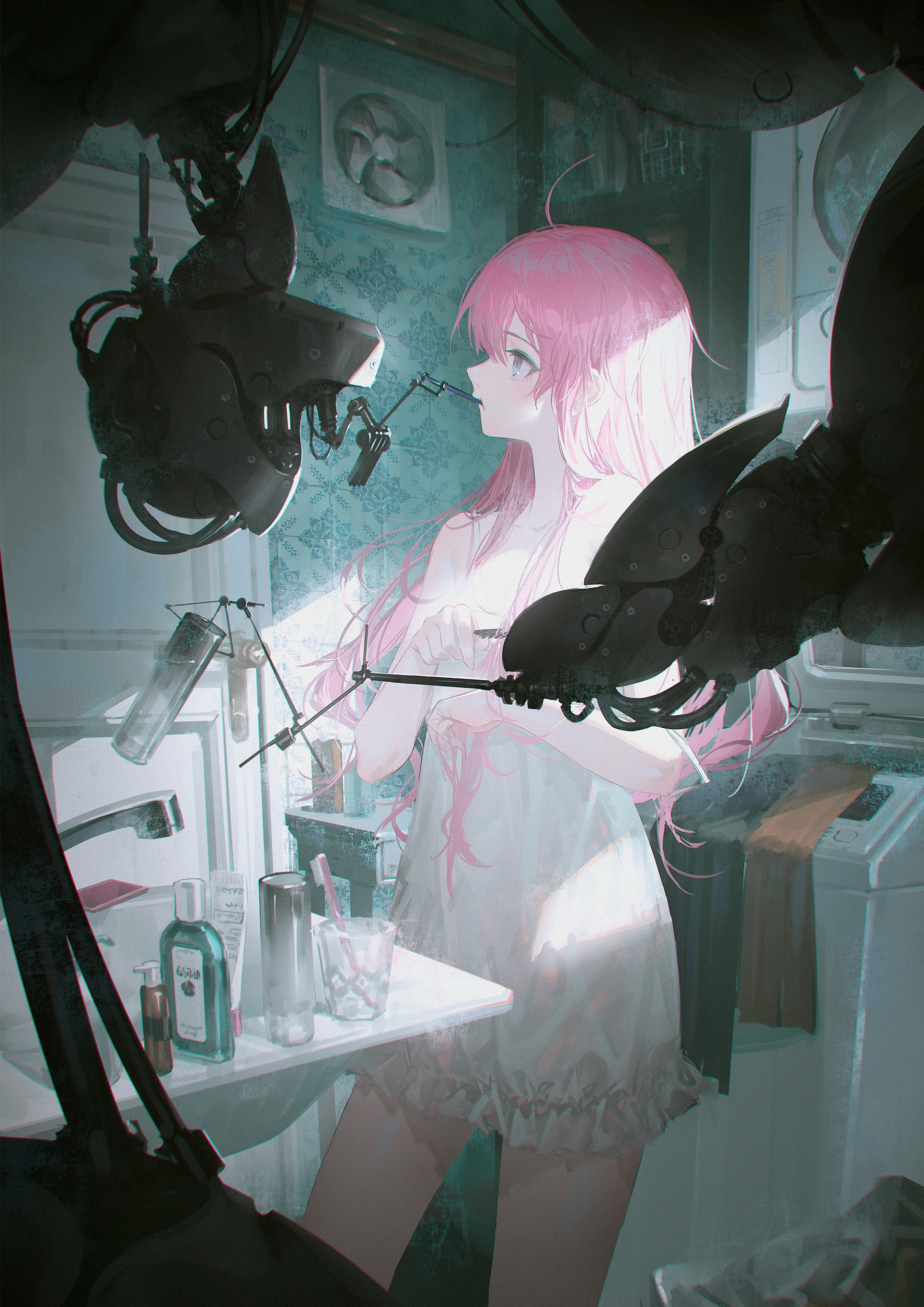 Anime girl with pink hair brushing teeth with robot HD Phone Wallpaper