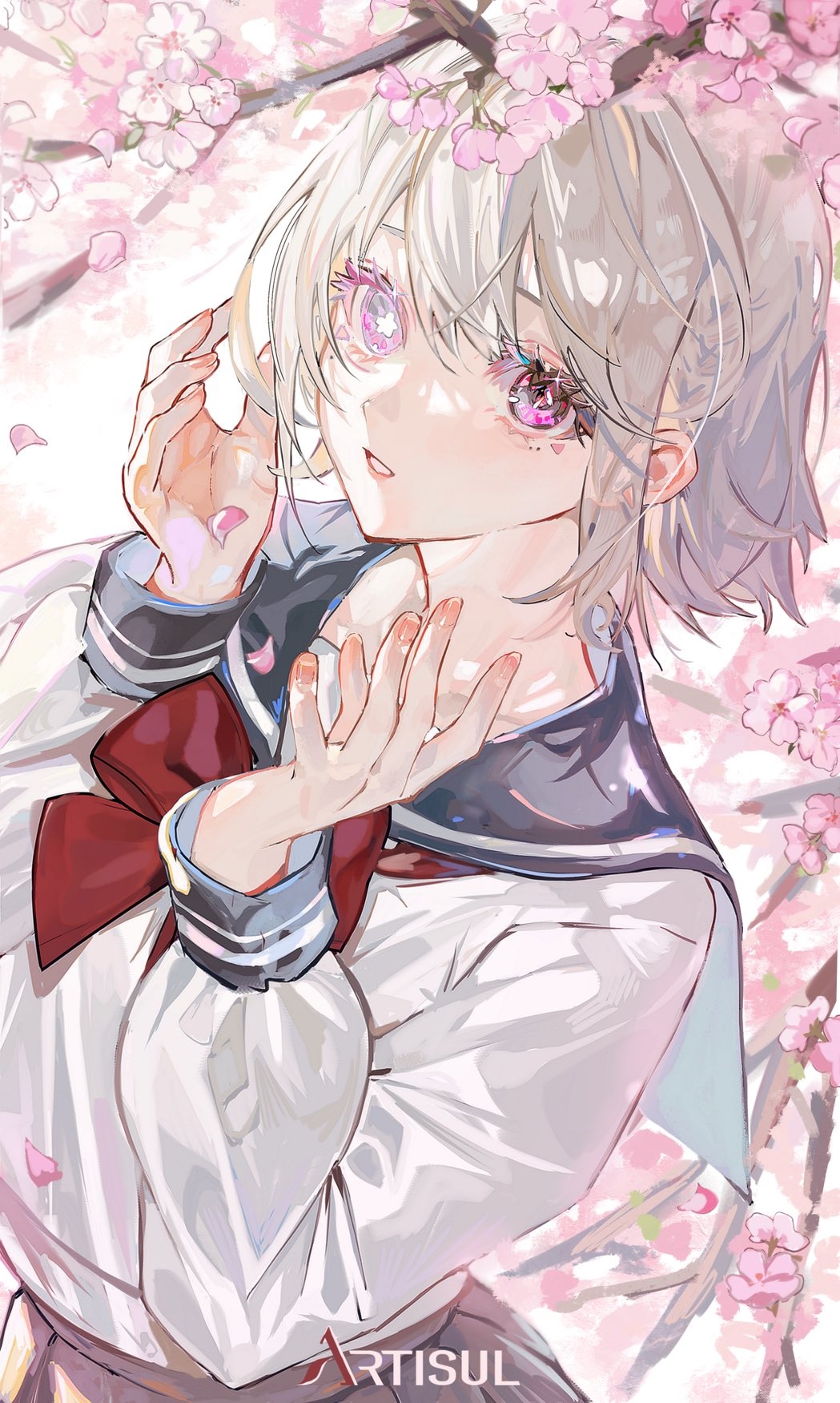 Schoolgirl with heterochromia among cherry blossoms HD Phone Wallpaper
