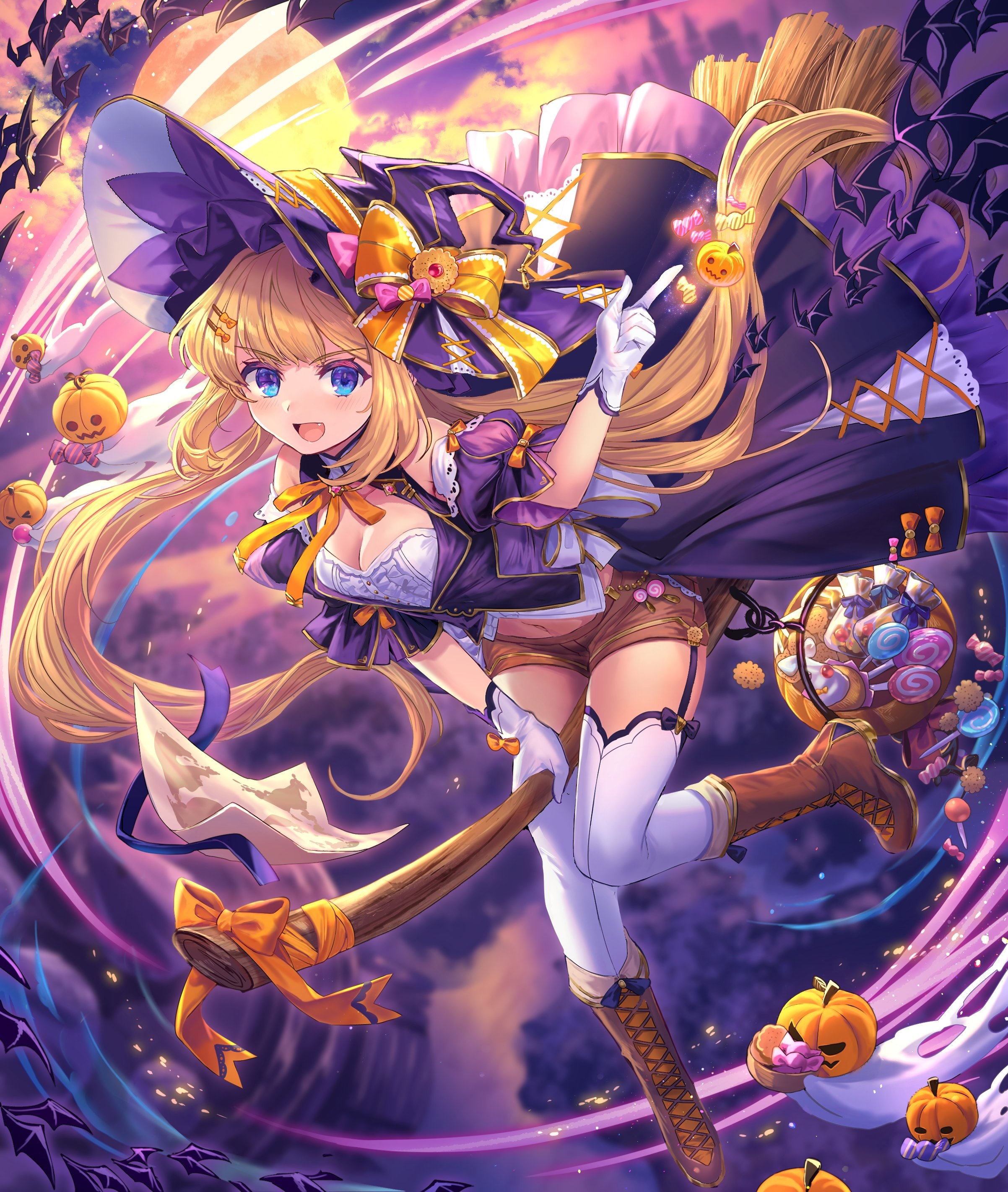 Anime Witch with Broom and Candy HD Phone Wallpaper