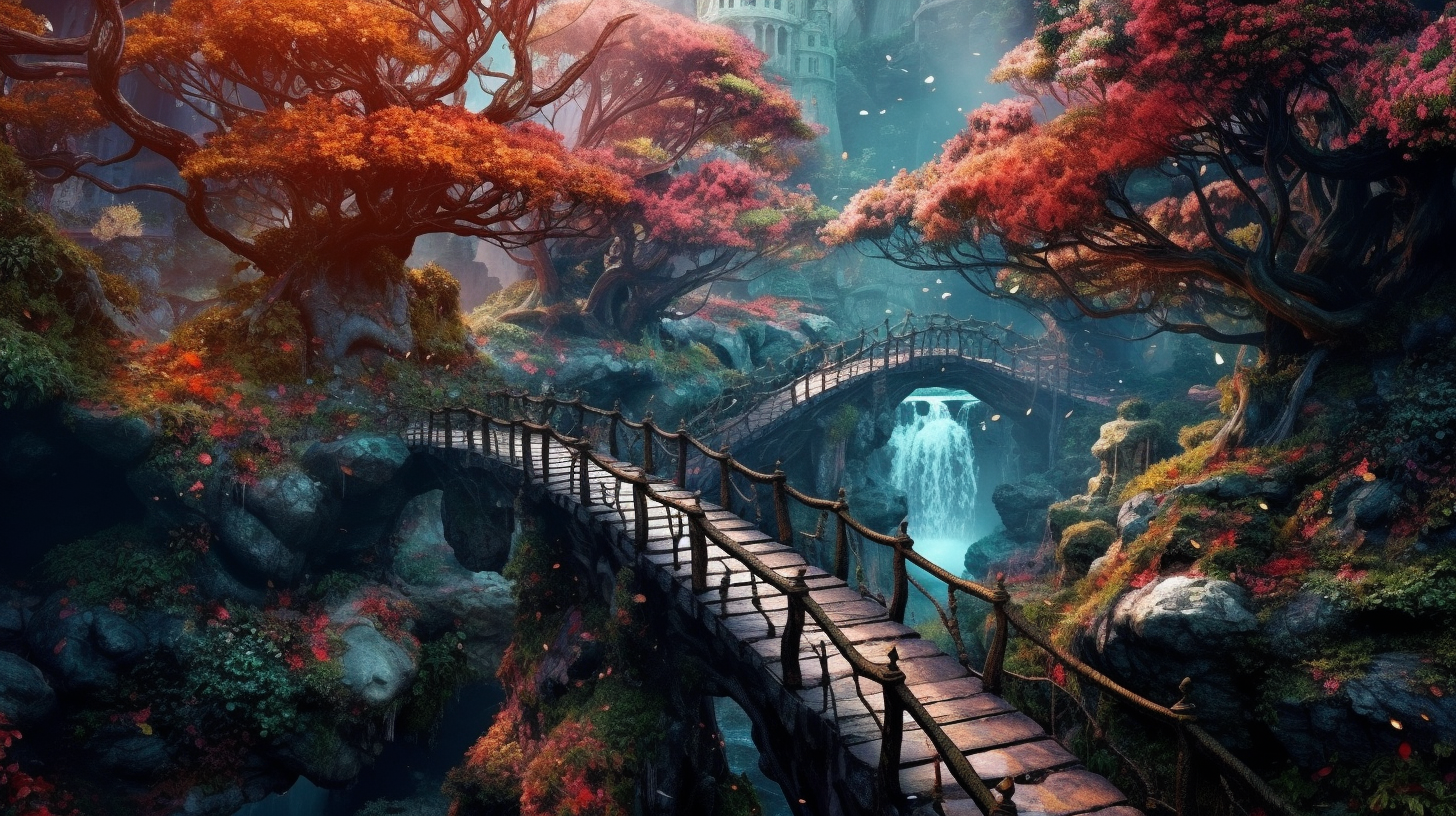 Enchanted forest with bridges and waterfall HD Wallpaper
