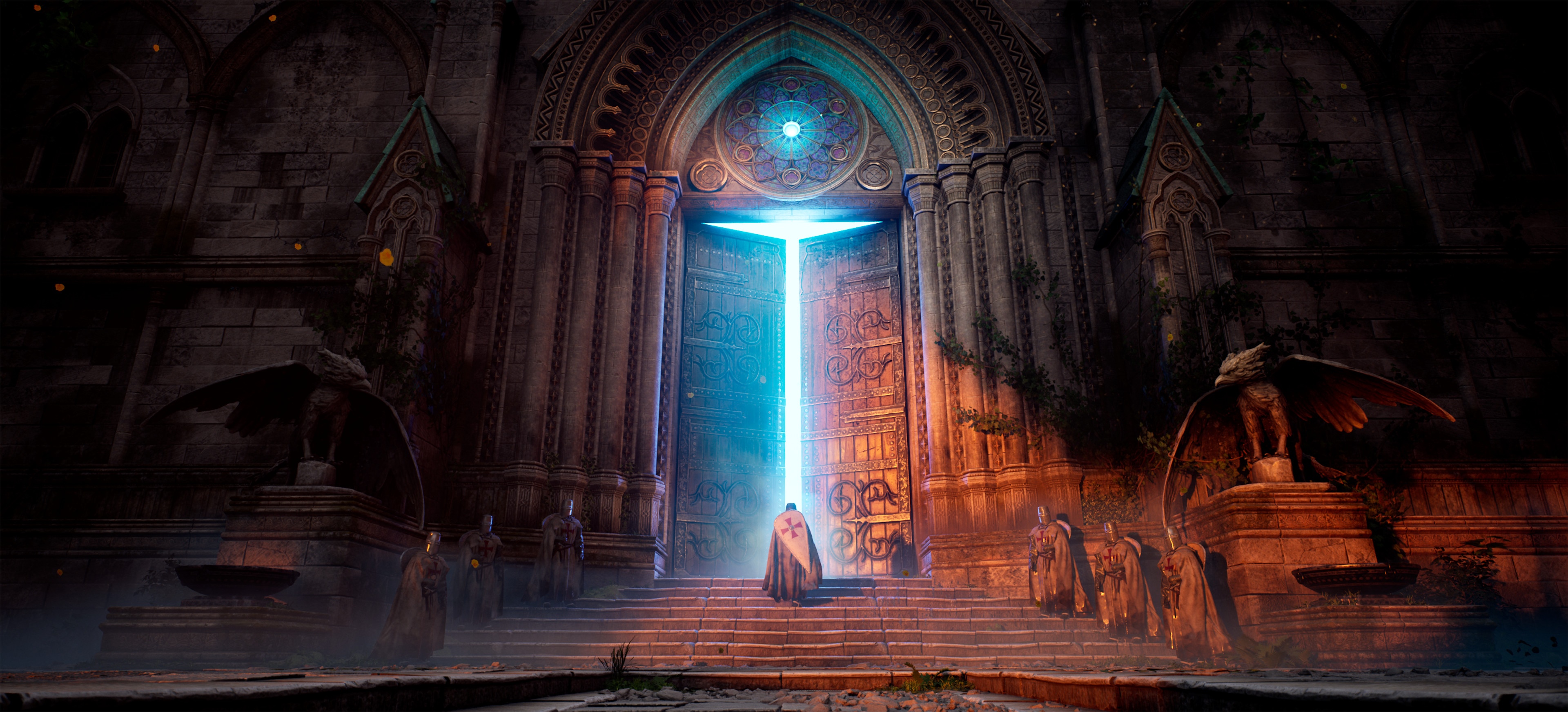 4K church gates with knights and statues HD Wallpaper