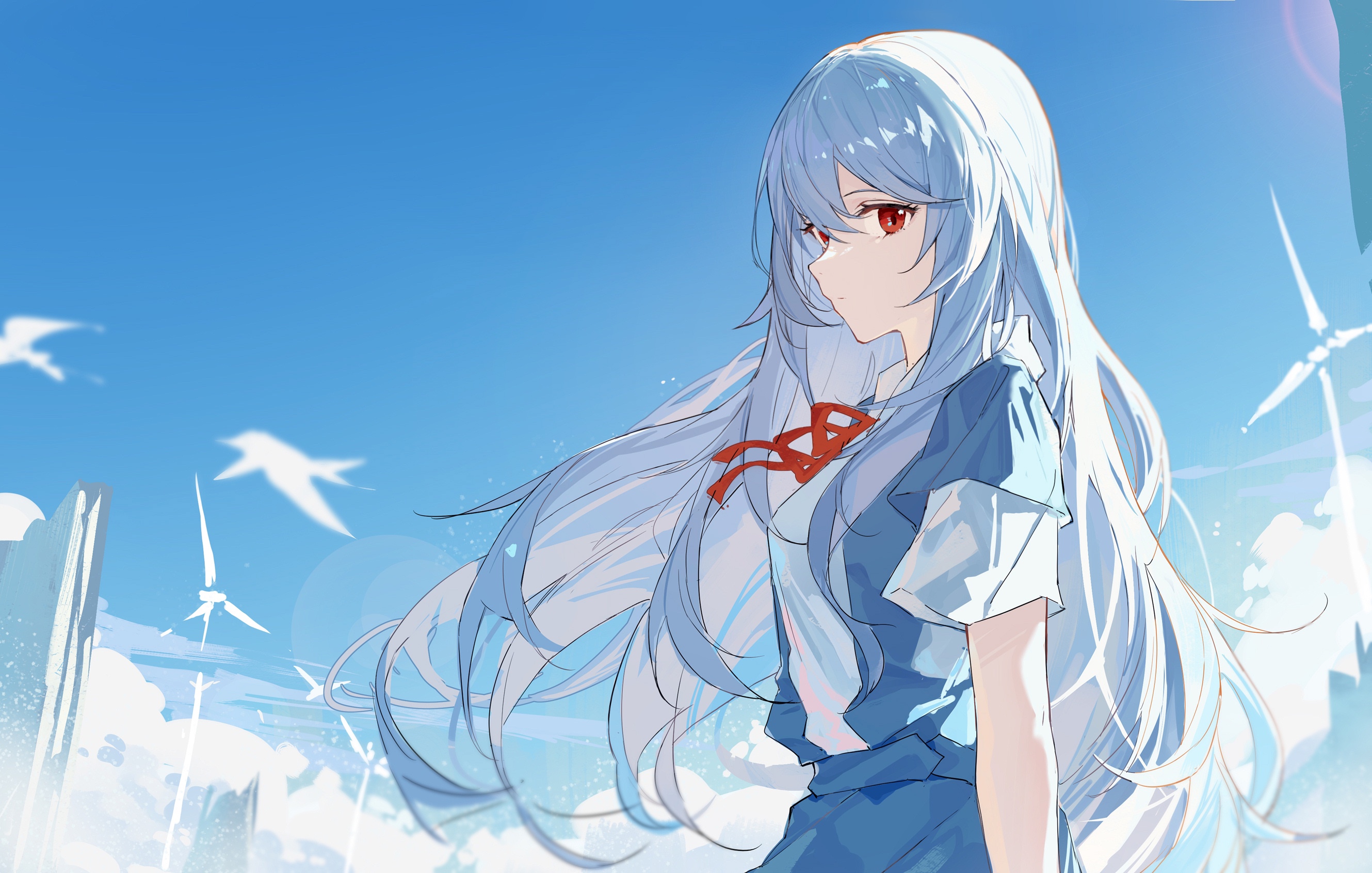 Ayanami Rei in a school uniform with windmills HD Wallpaper