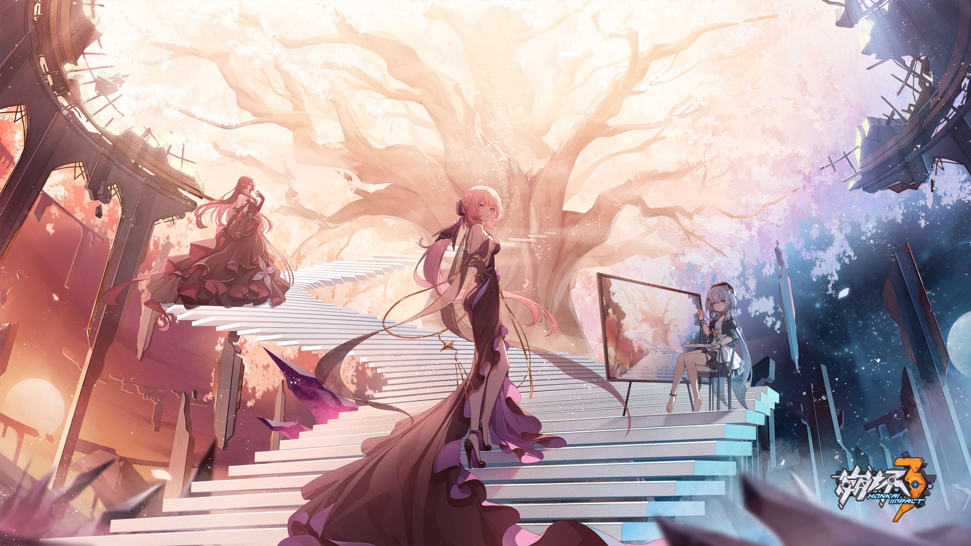 Elysia and friends painting under a large tree in Honkai Impact 3rd HD Wallpaper