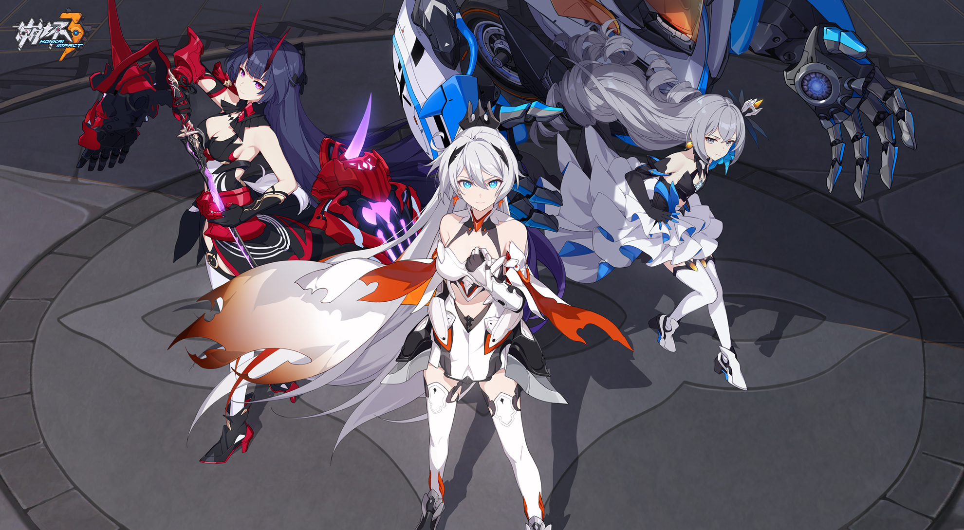Honkai Impact 3rd: Kiana, Mei, and Bronya with mechs HD Wallpaper
