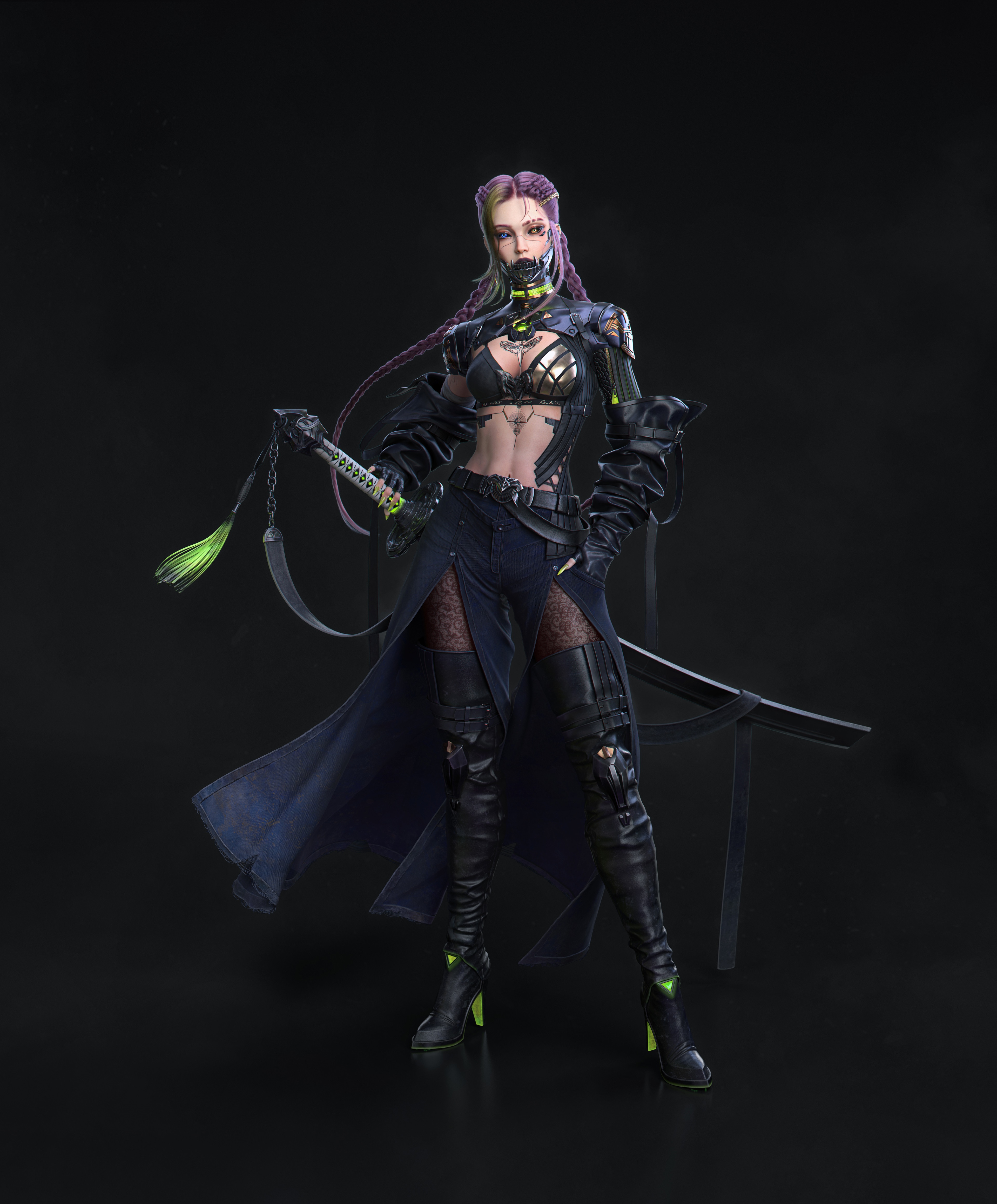 Cyberpunk woman with sword and braids HD Phone Wallpaper