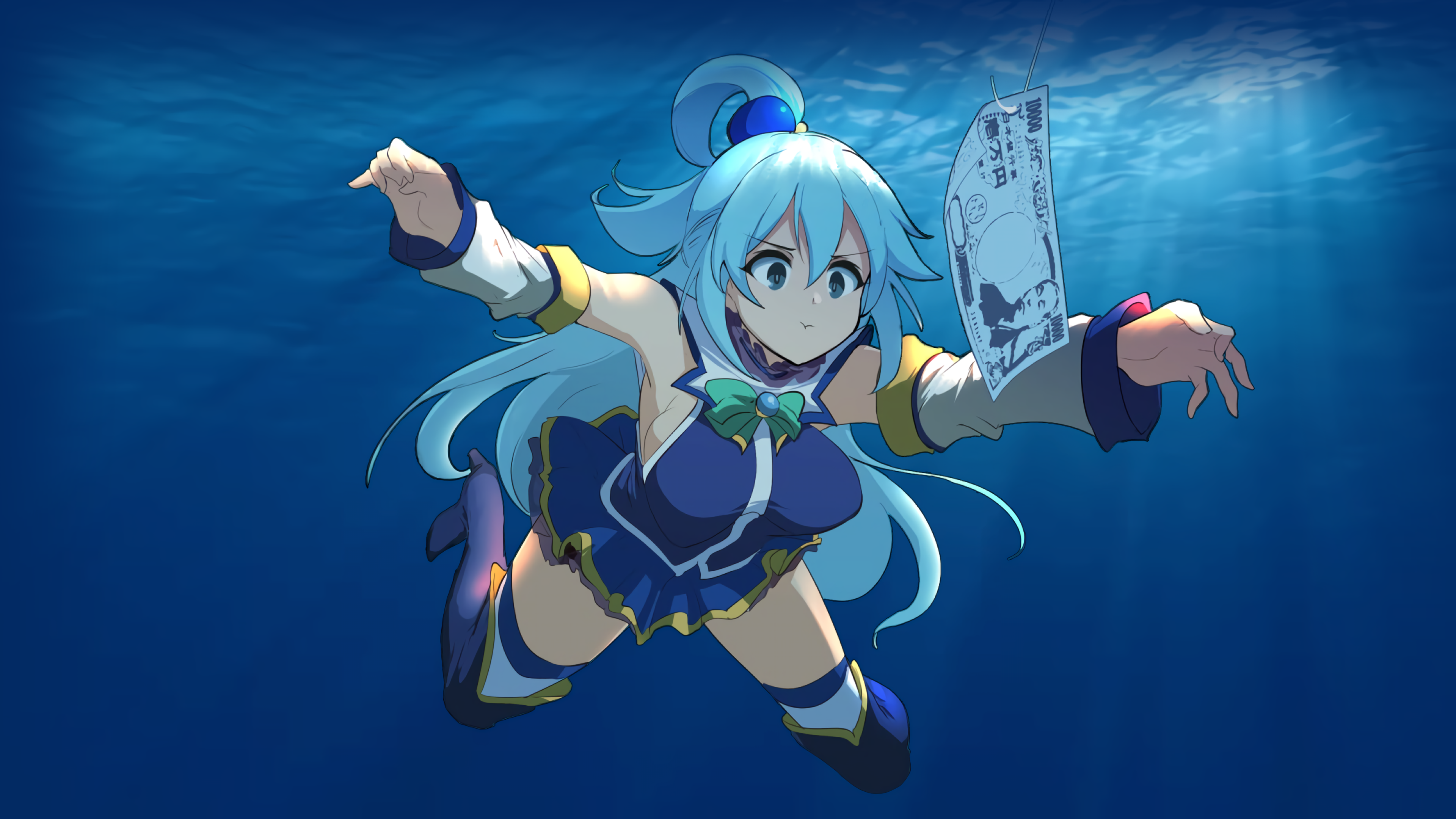 Aqua from KonoSuba underwater with money HD Wallpaper