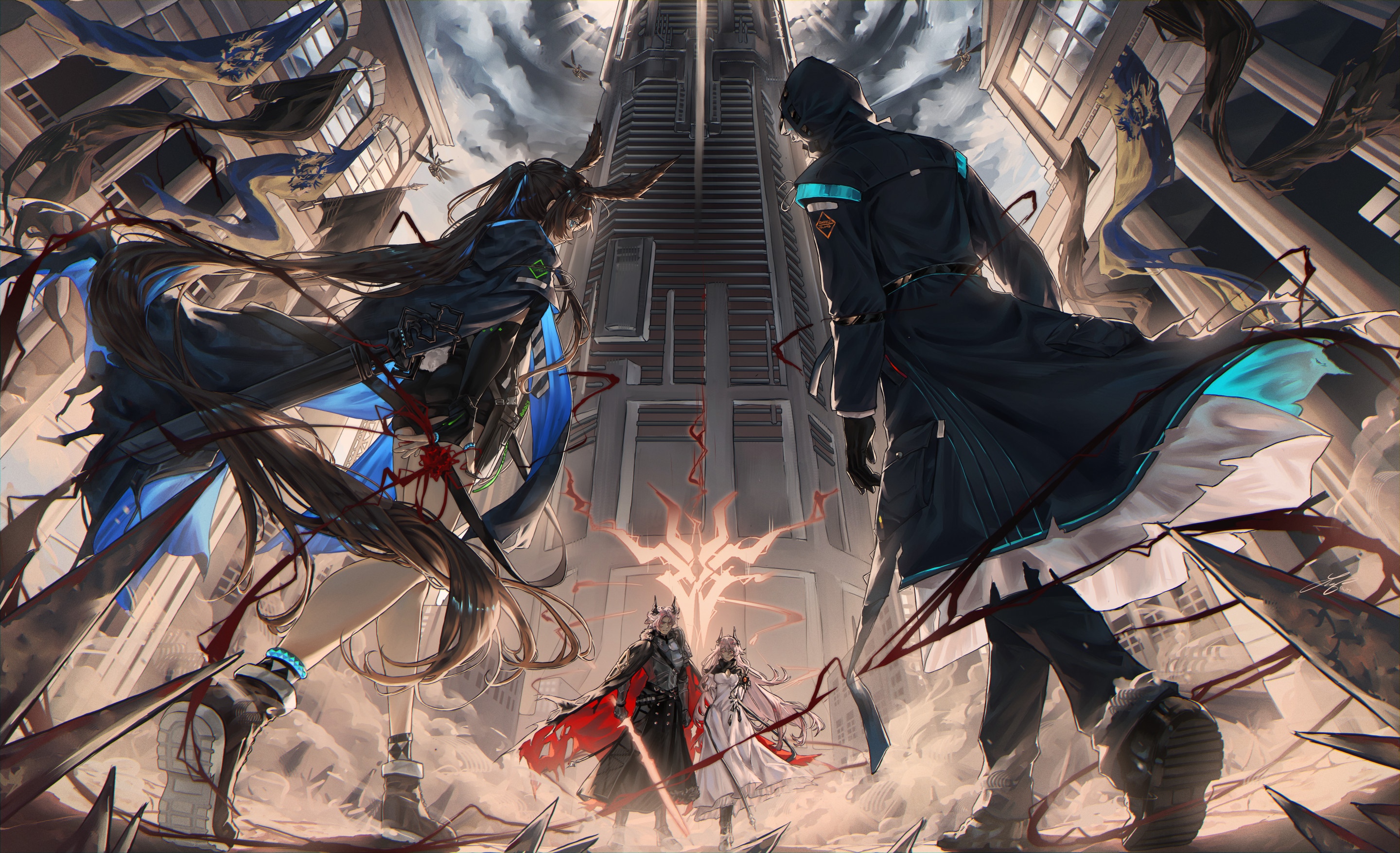 Arknights: Doctor faces Amiya and Theresa in a ruined city HD Wallpaper