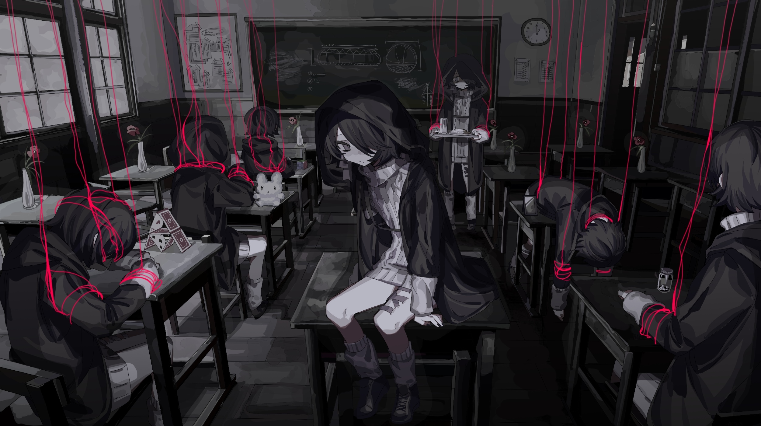 Classroom with students controlled by red strings HD Wallpaper