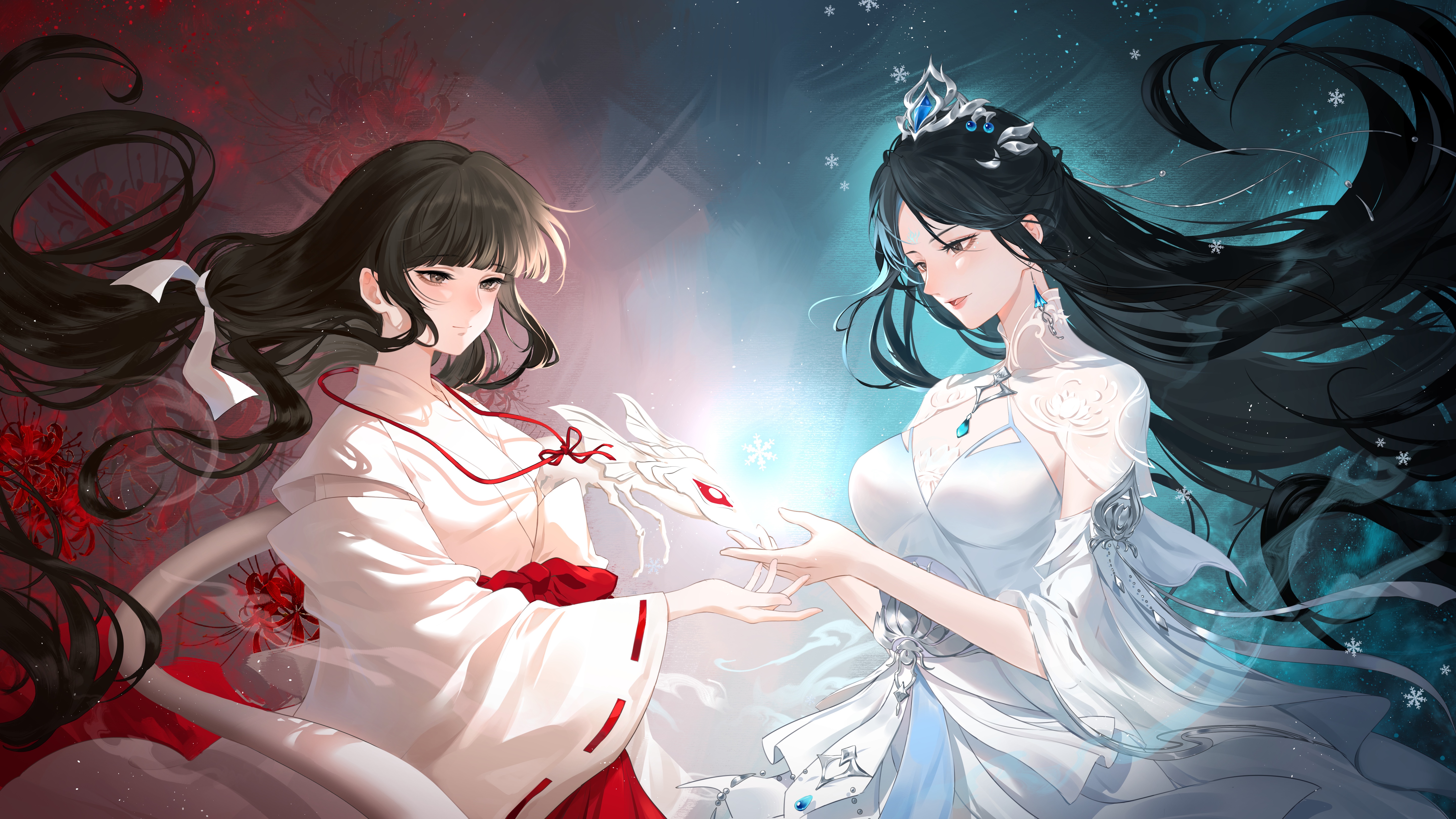 Two anime girls with dragon and snowflake HD Wallpaper