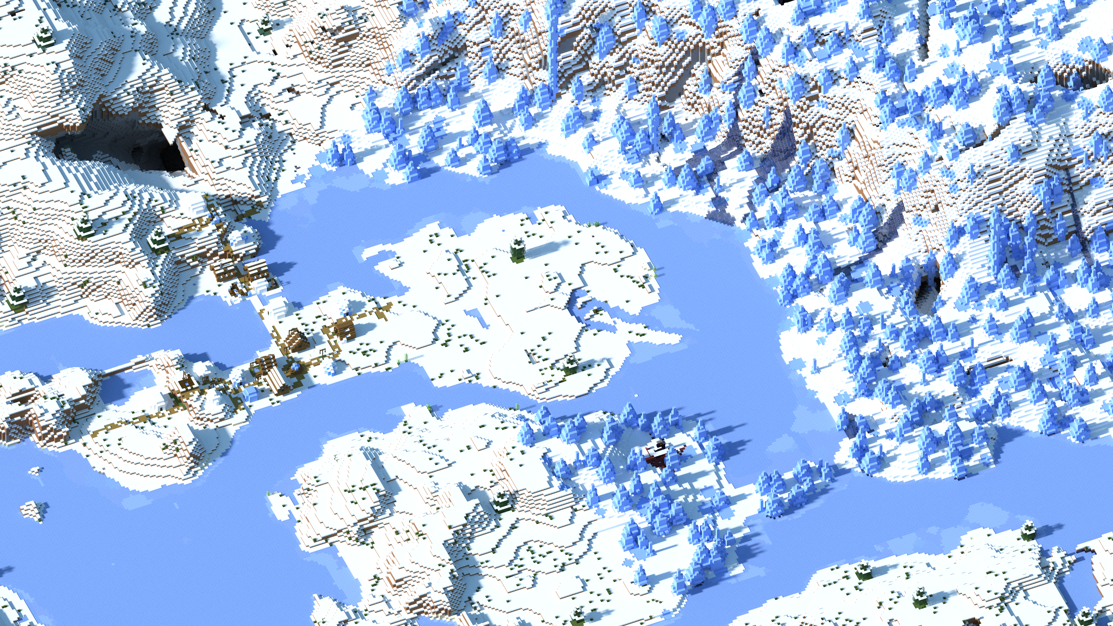 4K Minecraft snow mountain village aerial view HD Wallpaper