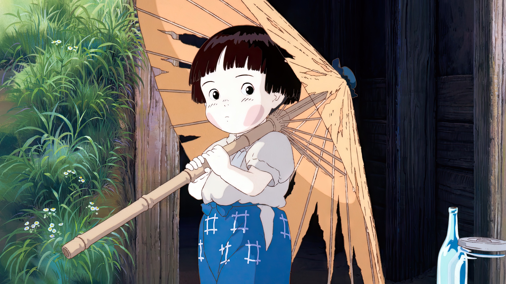 Setsuko holding an umbrella in Grave of the Fireflies HD Wallpaper