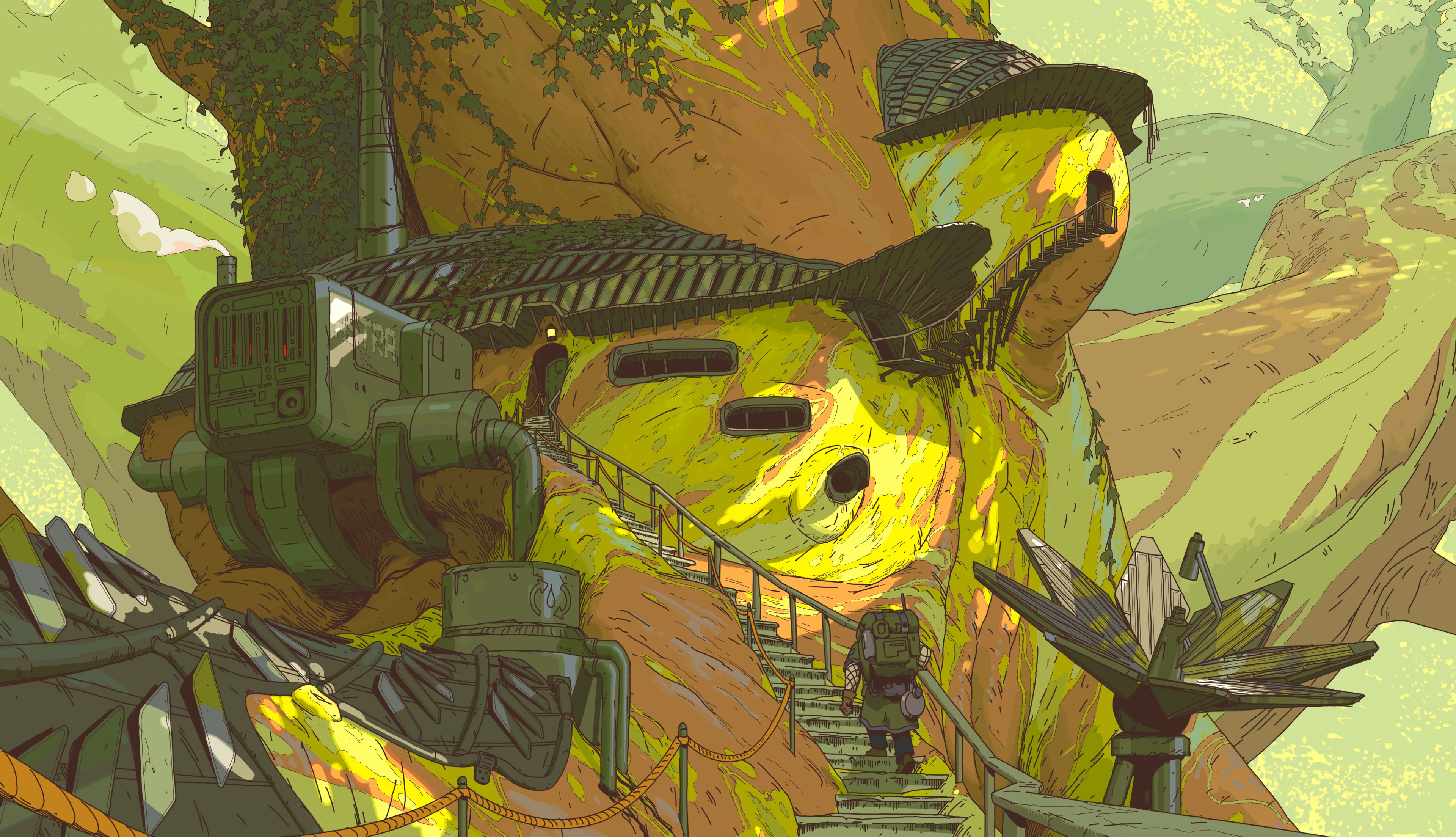 4K illustration of a person climbing stairs to a treehouse HD Wallpaper