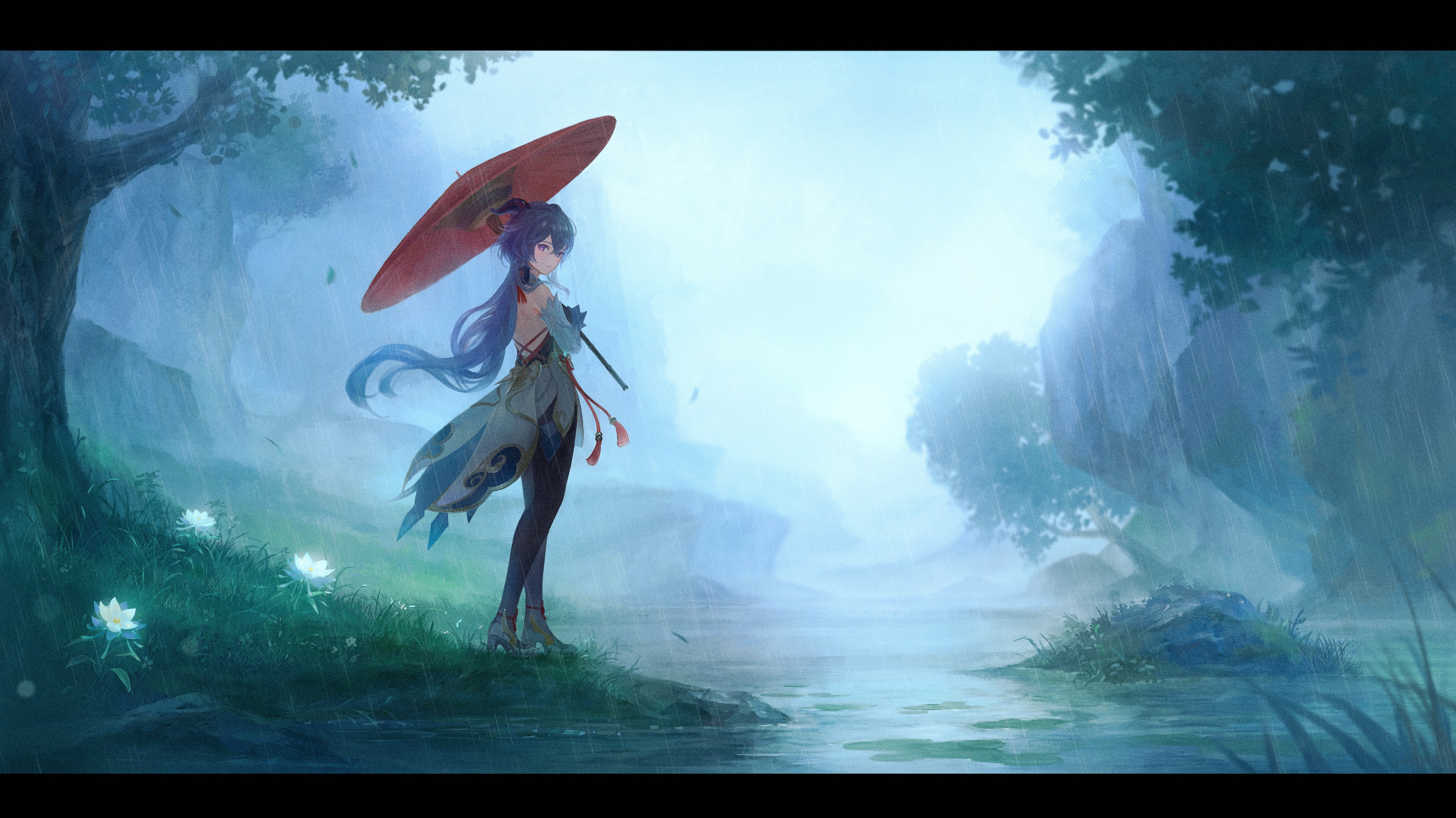 Genshin Impact Ganyu in the Rain with Umbrella HD Wallpaper