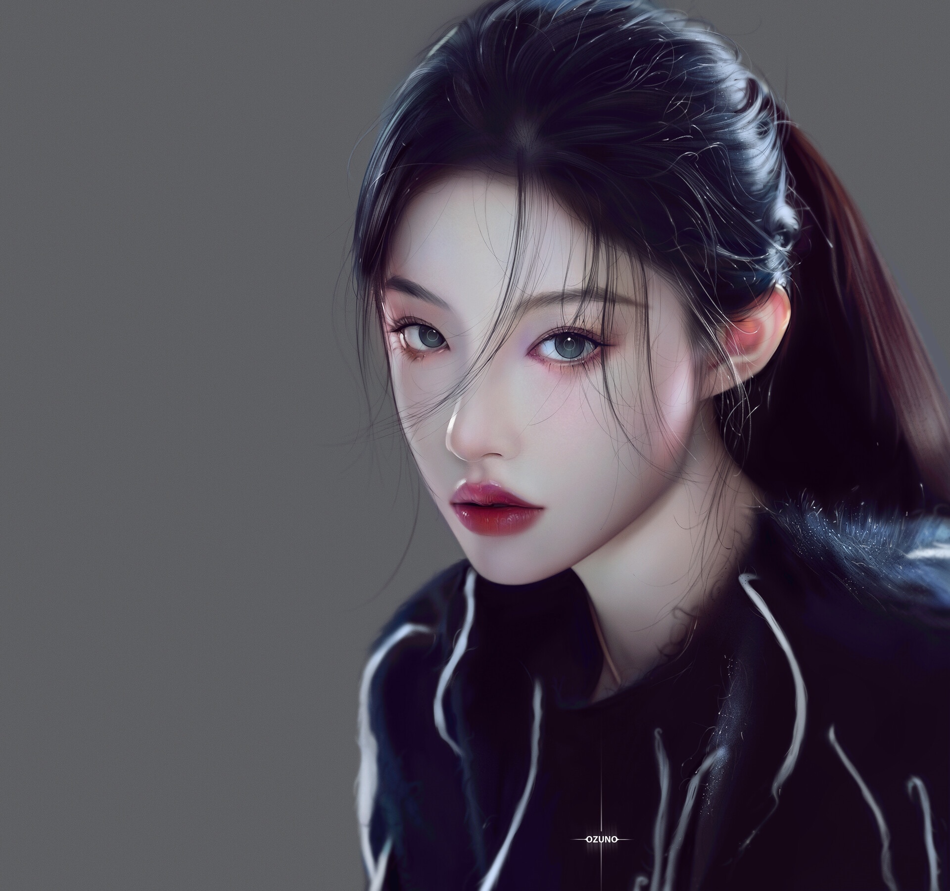 Artwork of an Asian woman with red lipstick by Huy Ozuno HD Wallpaper