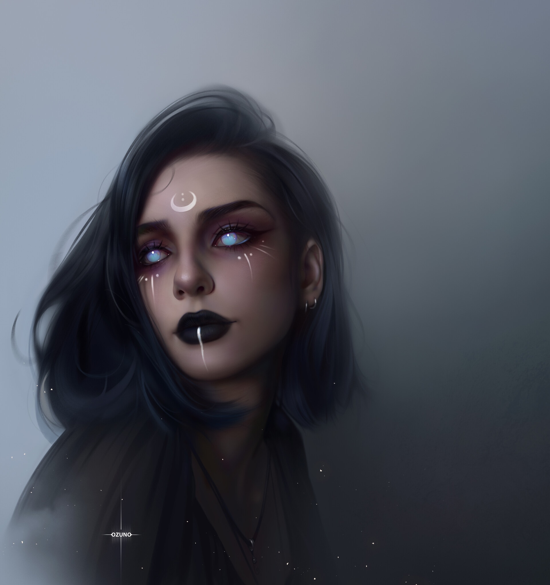 Artwork of a woman with dark blue hair and moon markings HD Wallpaper