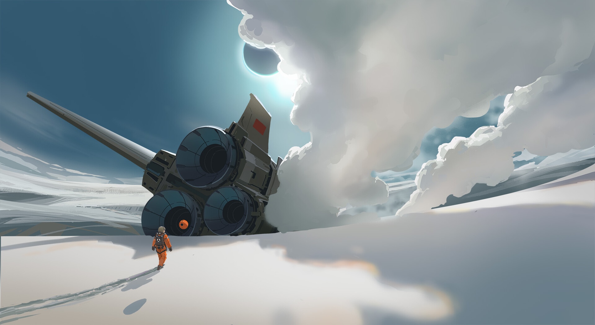 Astronaut walks near crashed spaceship on icy planet HD Wallpaper