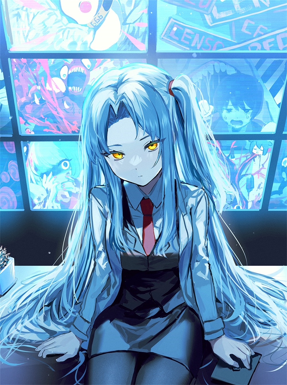 Lobotomy Corporation girl with yellow eyes and blue hair HD Phone Wallpaper