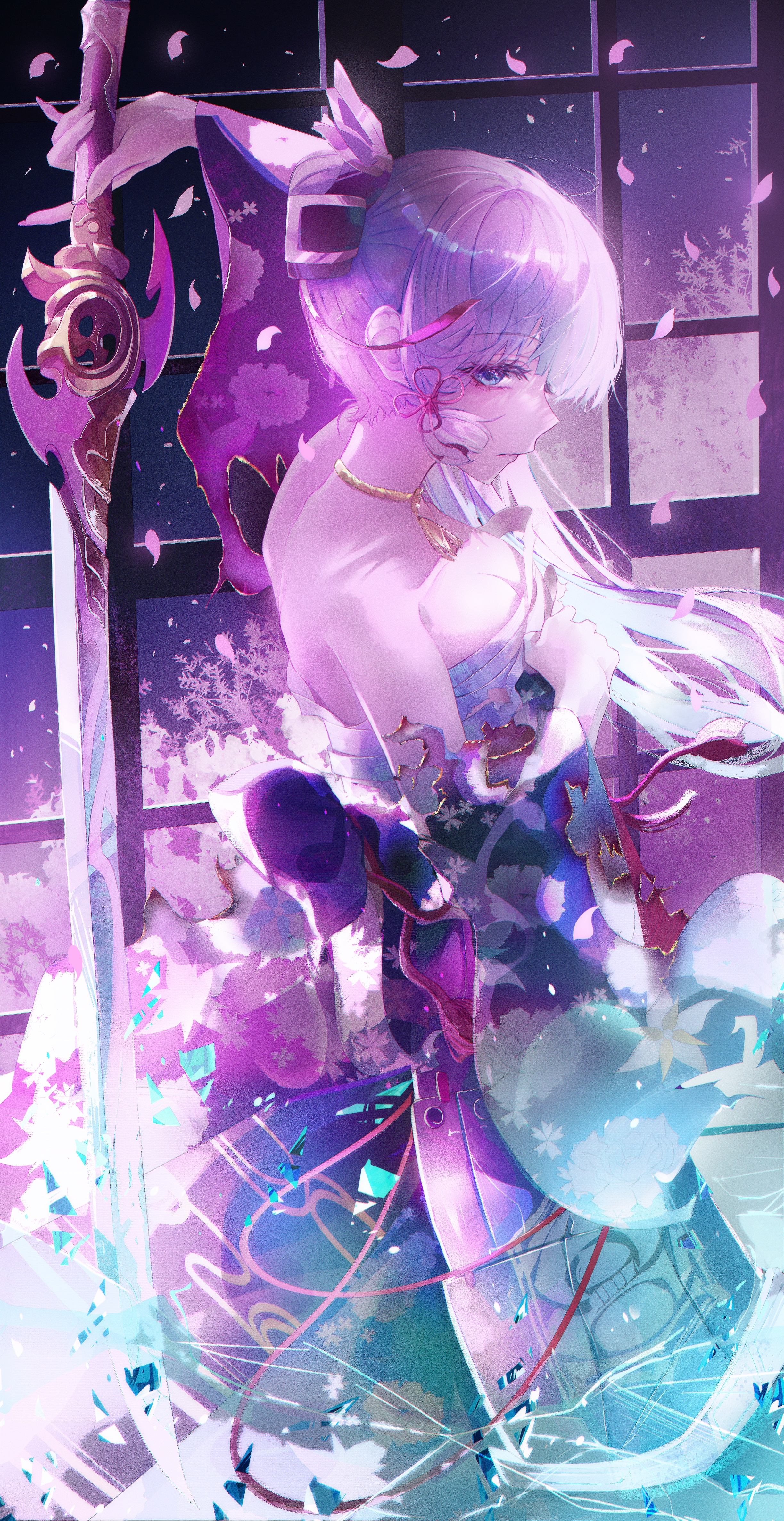 Kamisato Ayaka with sword and petals HD Phone Wallpaper