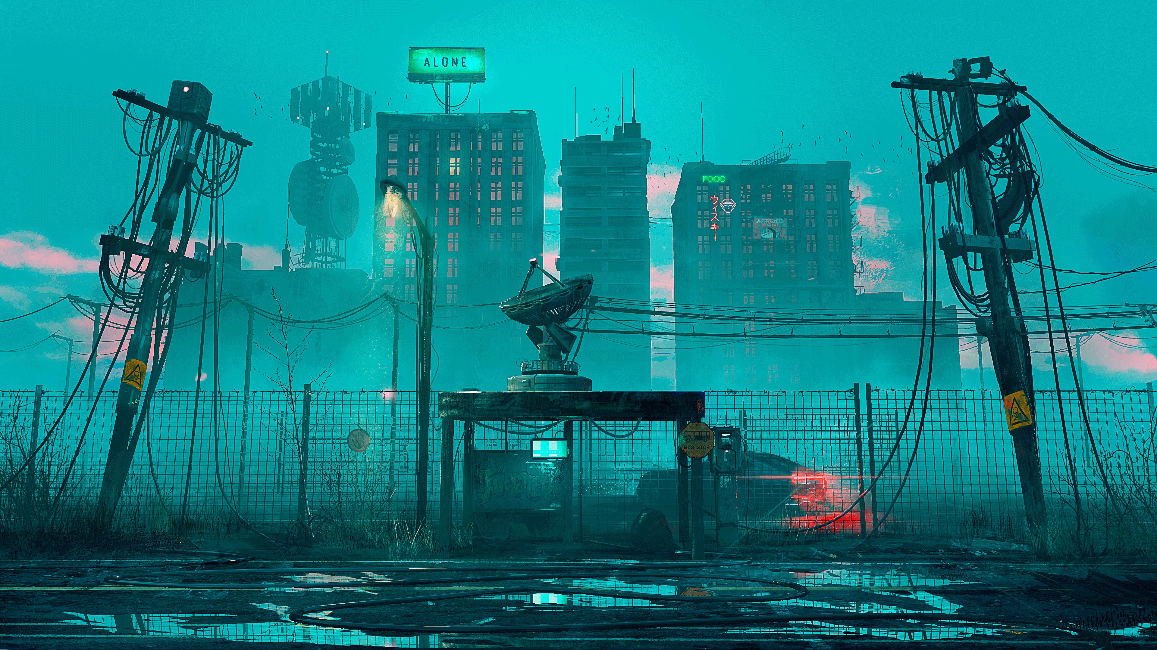 Futuristic Cityscape with Satellite Dish and Neon Signs HD Wallpaper