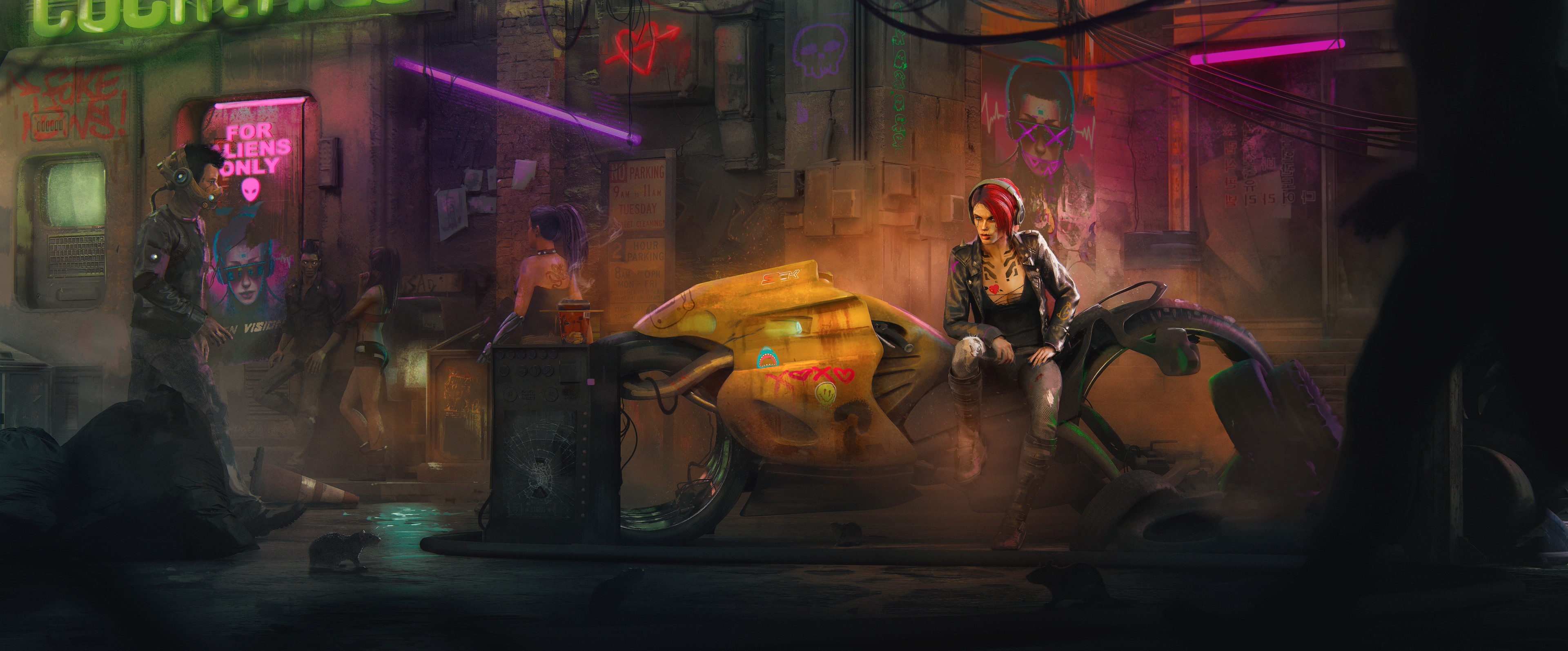 Cyberpunk street scene with women and motorcycle HD Wallpaper