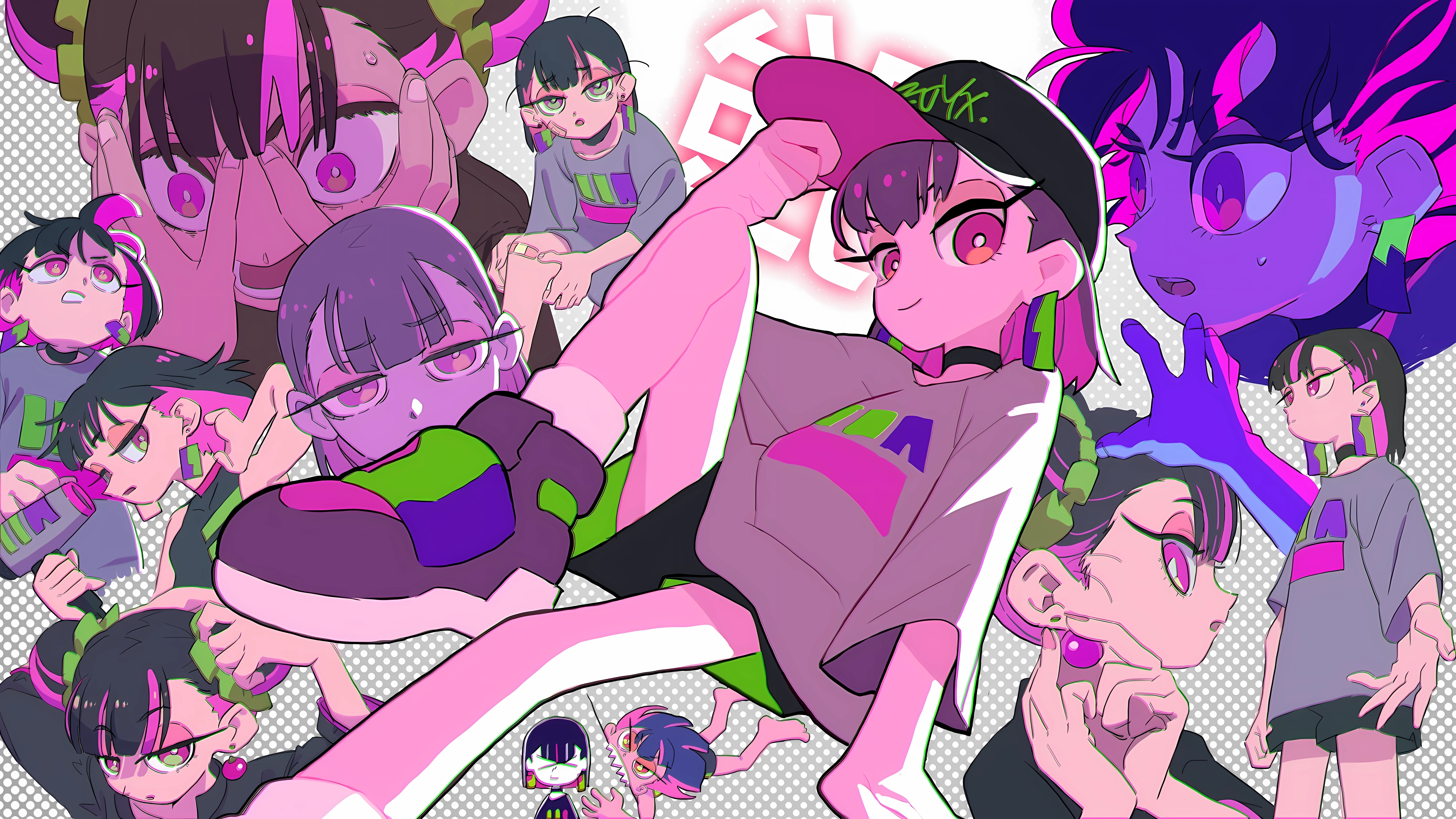 4K Anime Collage of a Girl with Pink and Green Hair HD Wallpaper