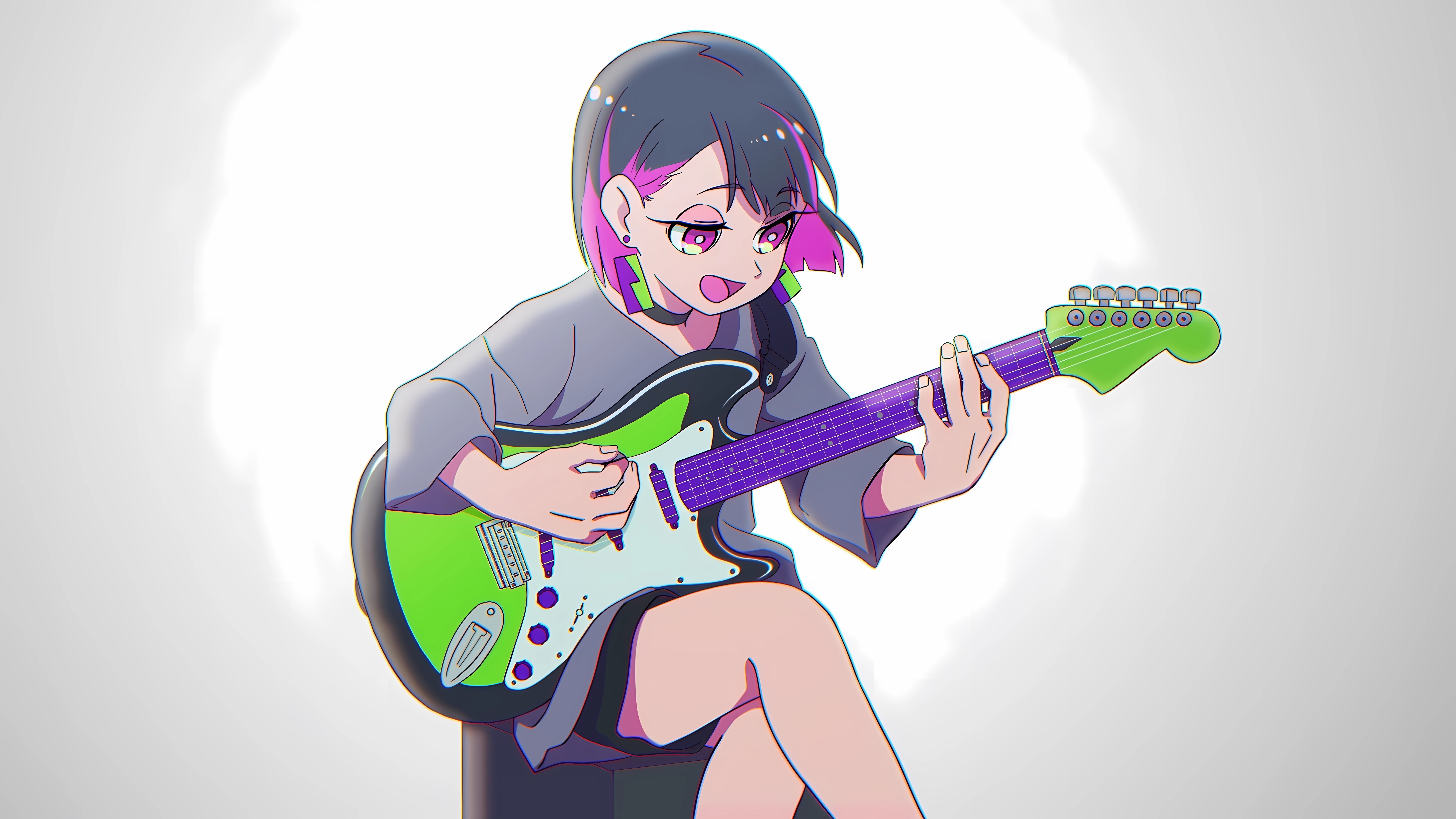 Girl playing a green electric guitar HD Wallpaper
