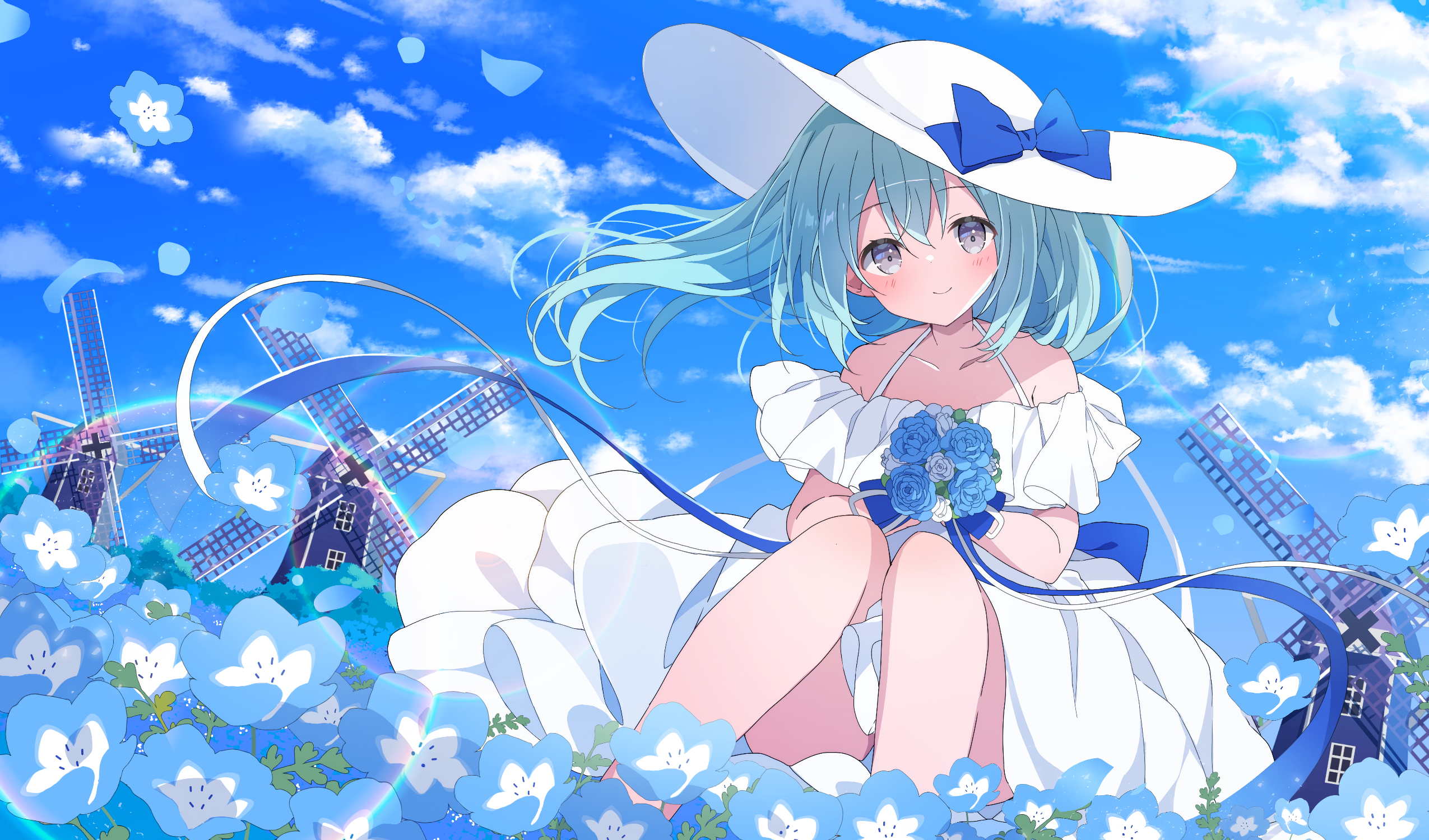 Girl in white dress with blue flowers and windmills HD Wallpaper