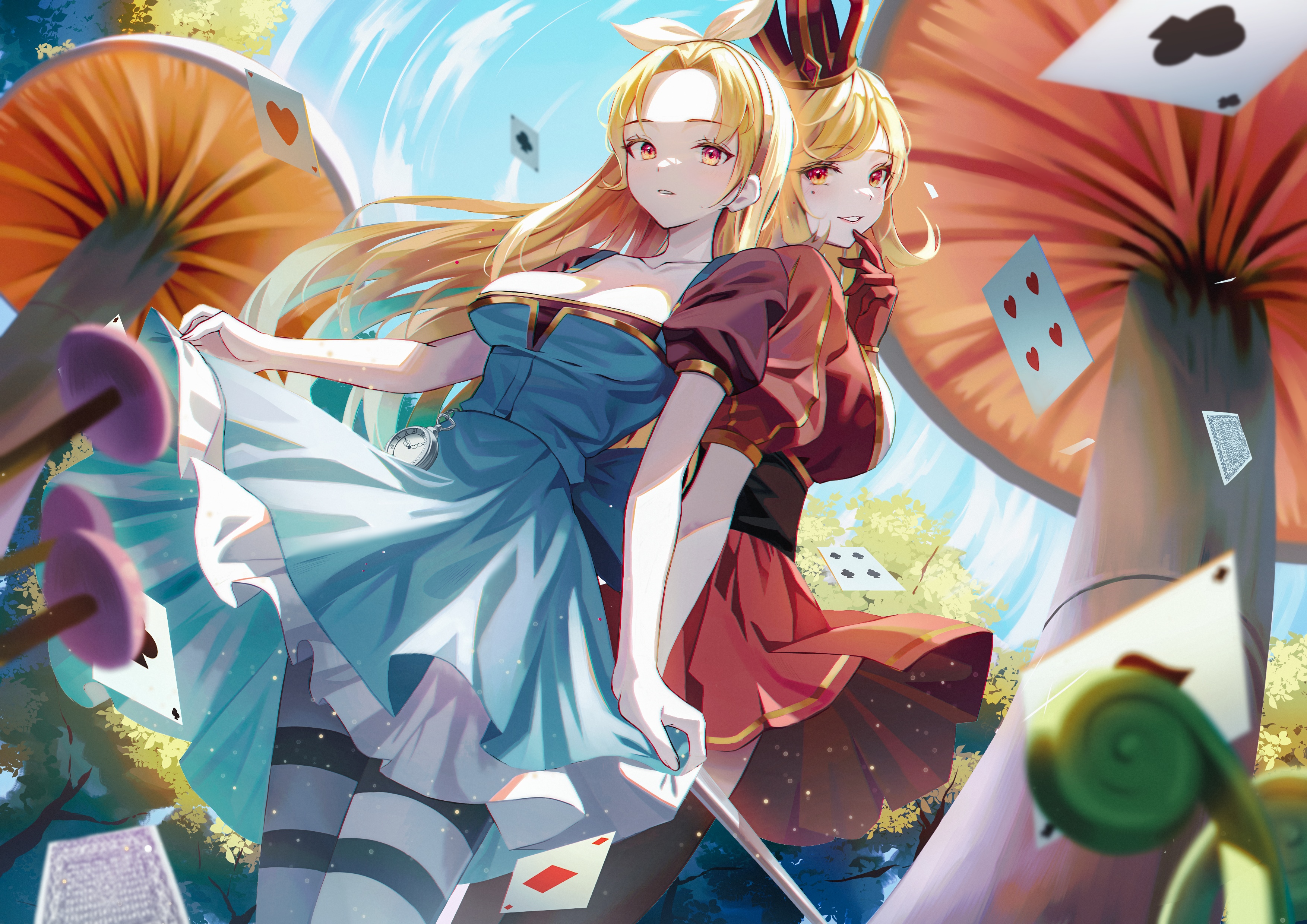 Alice in Wonderland characters with mushrooms and cards HD Wallpaper