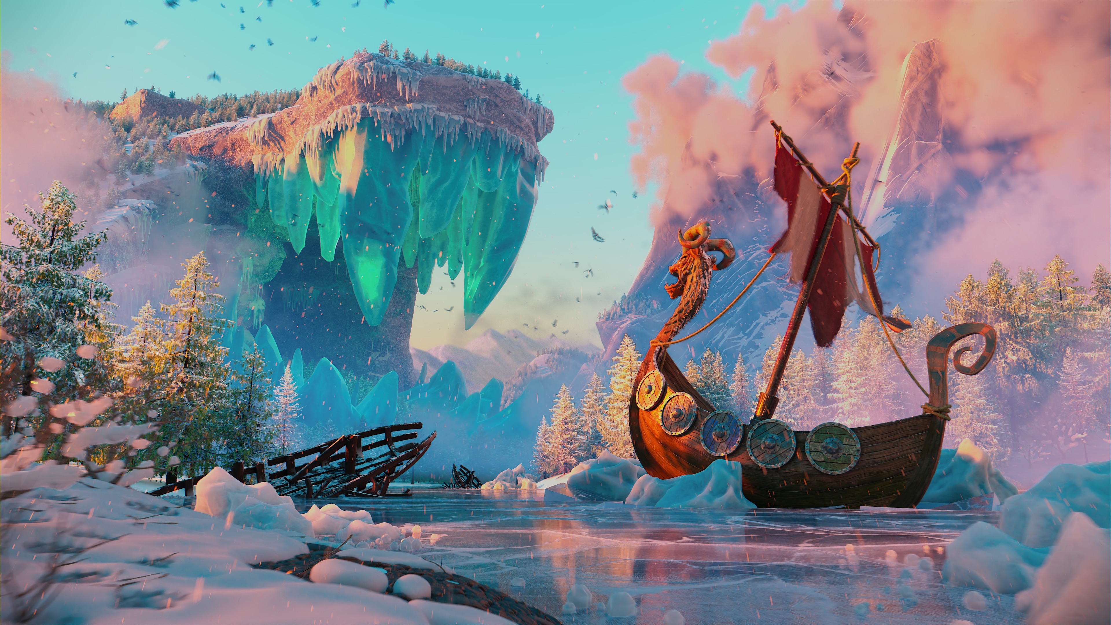 4K Viking ship on a frozen lake with ice caves HD Wallpaper
