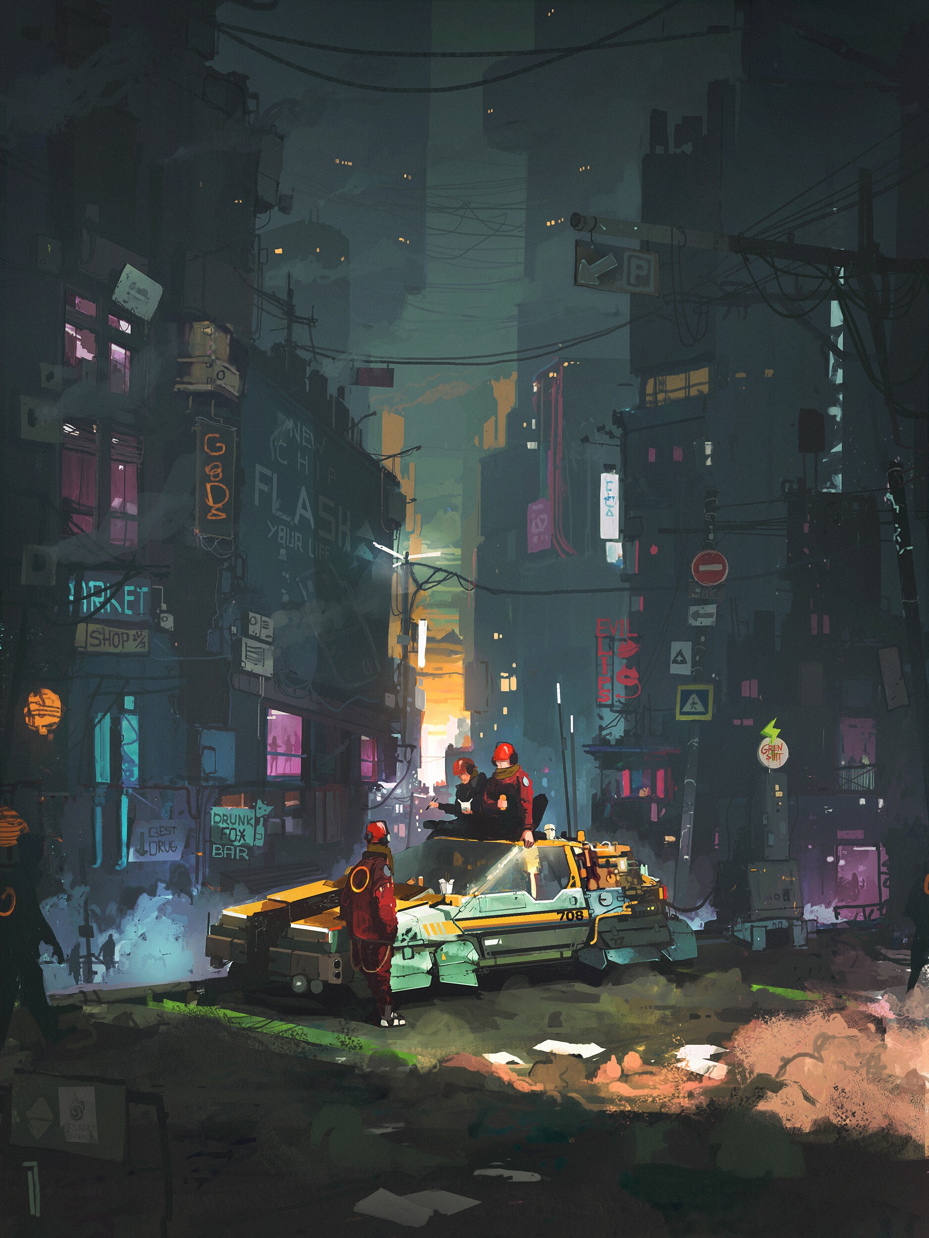 Futuristic city street with a hover car and people HD Phone Wallpaper