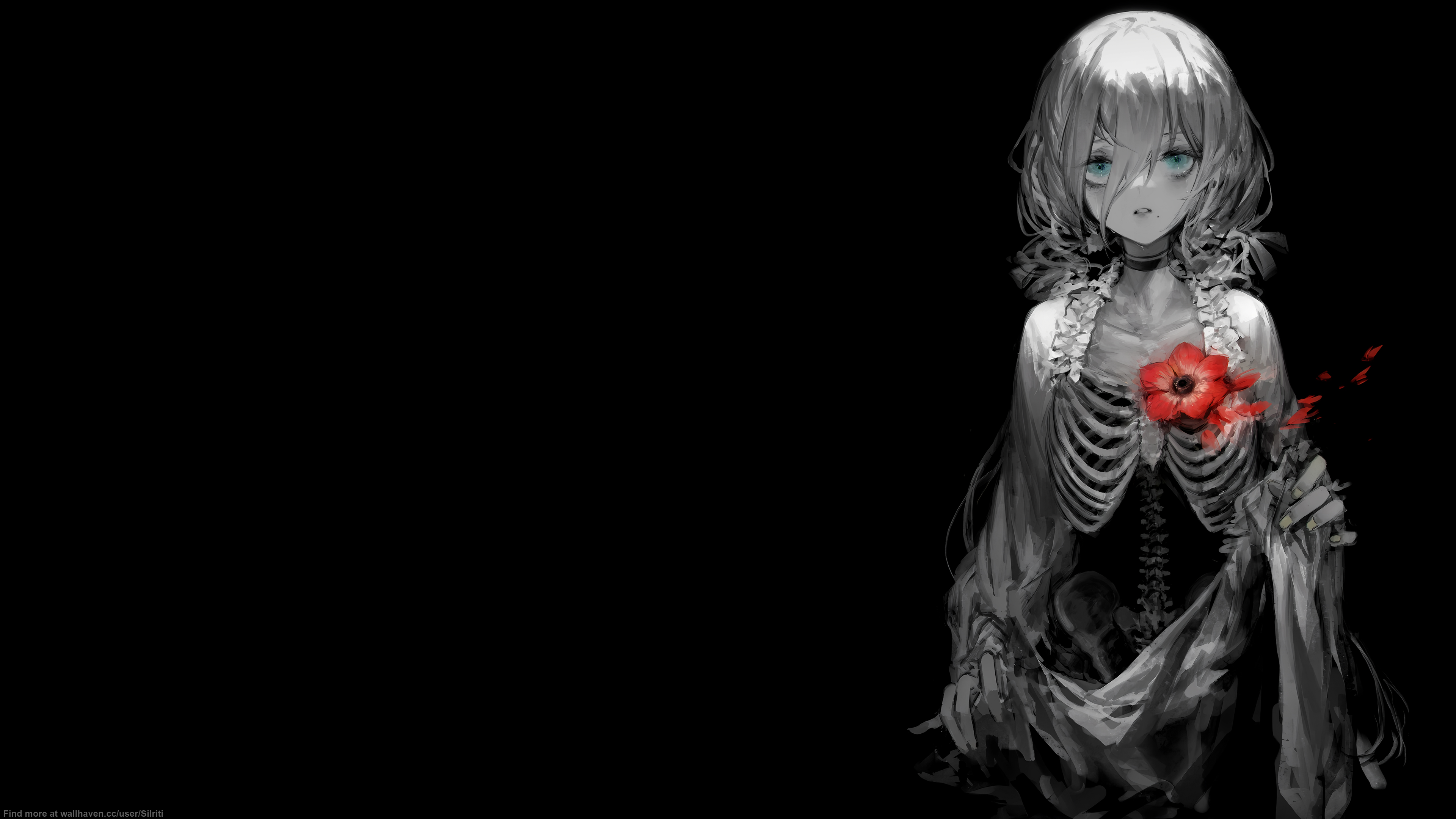 Anime girl with skeleton ribs and red flower HD Wallpaper