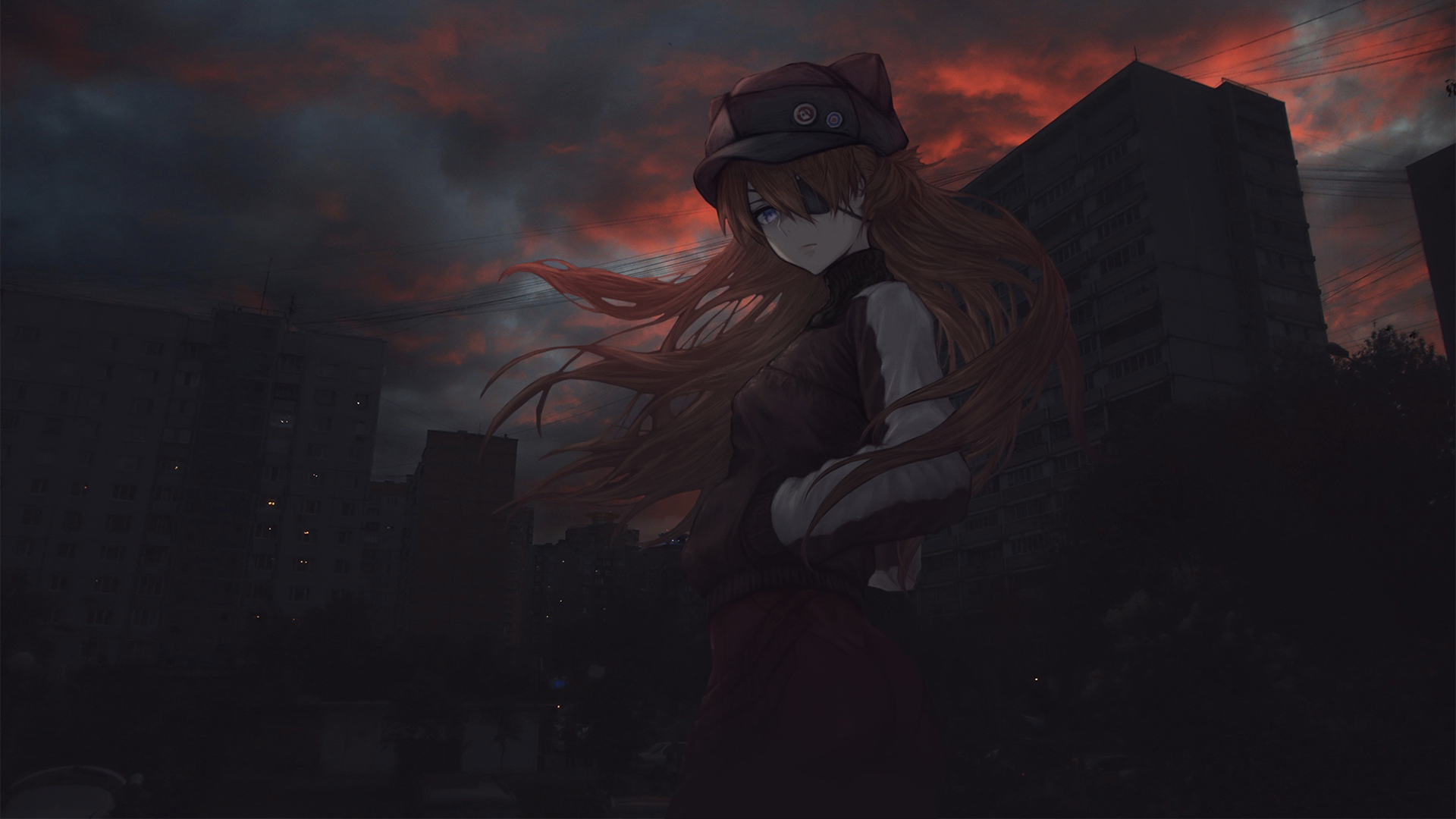Asuka Langley Soryu in a City at Sunset HD Wallpaper