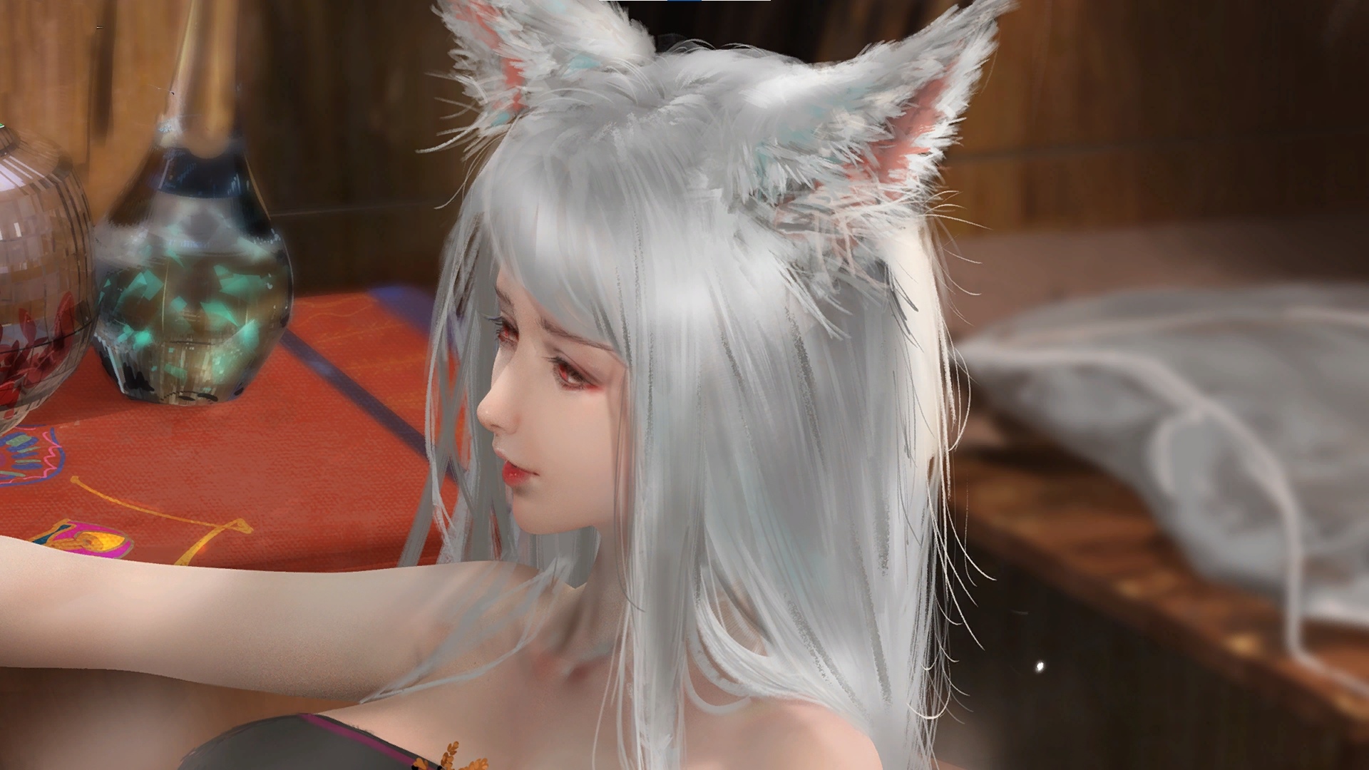 A fox girl with silver hair and animal ears HD Wallpaper