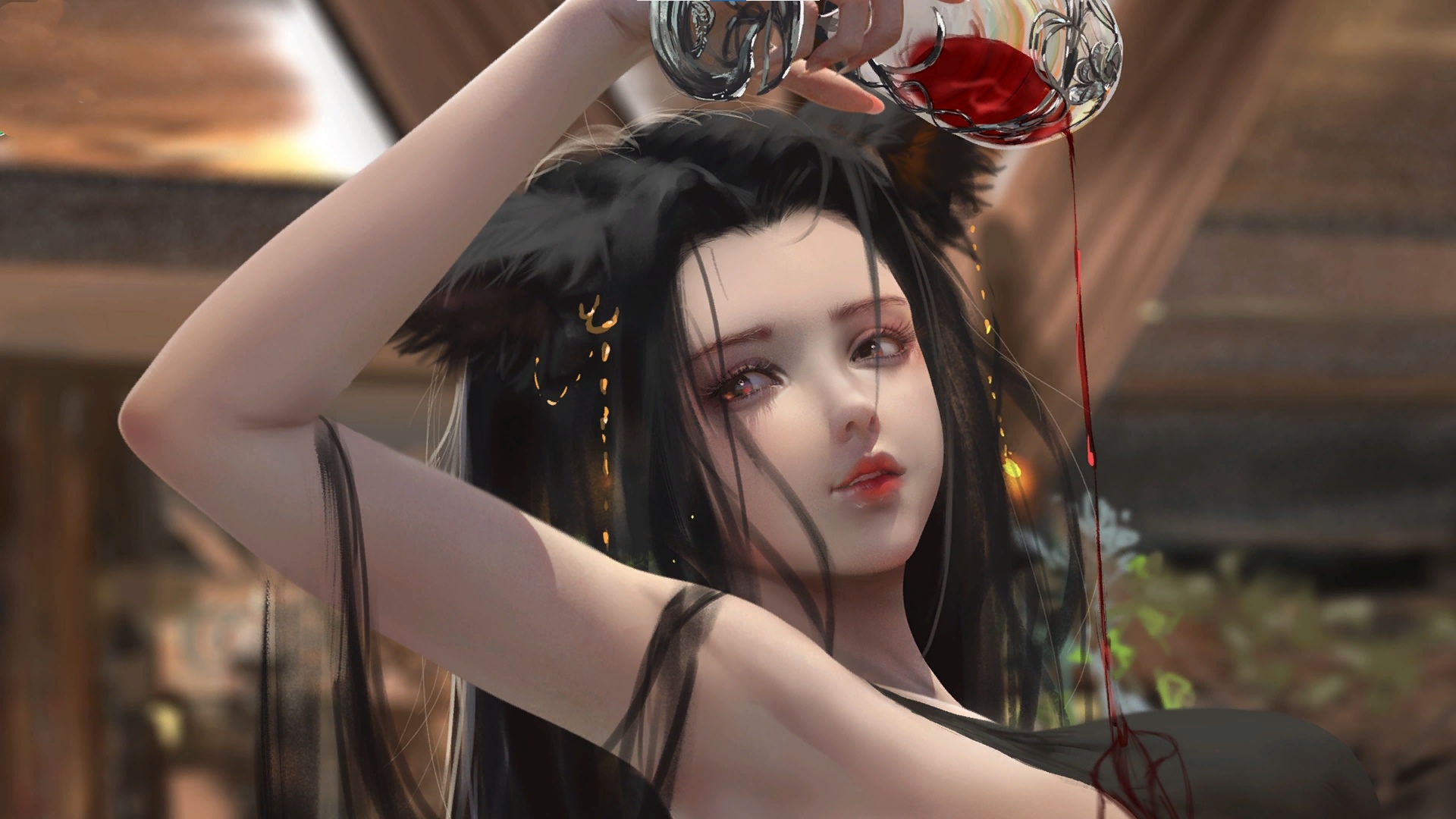 Fox girl pouring red wine from a glass HD Wallpaper