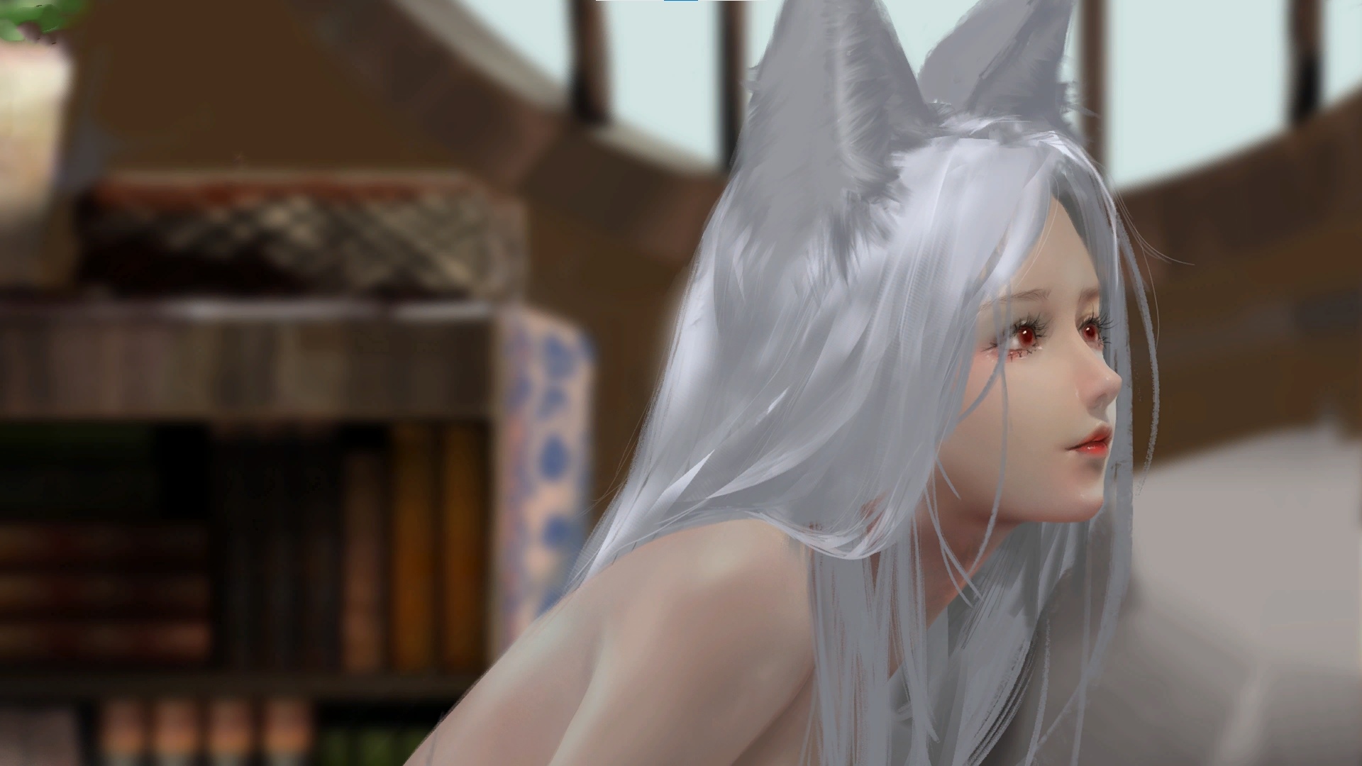 Woman with silver hair and fox ears HD Wallpaper