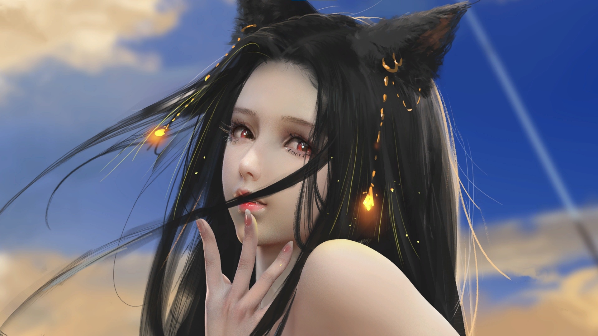 A black-haired fox girl with red eyes in the sky HD Wallpaper