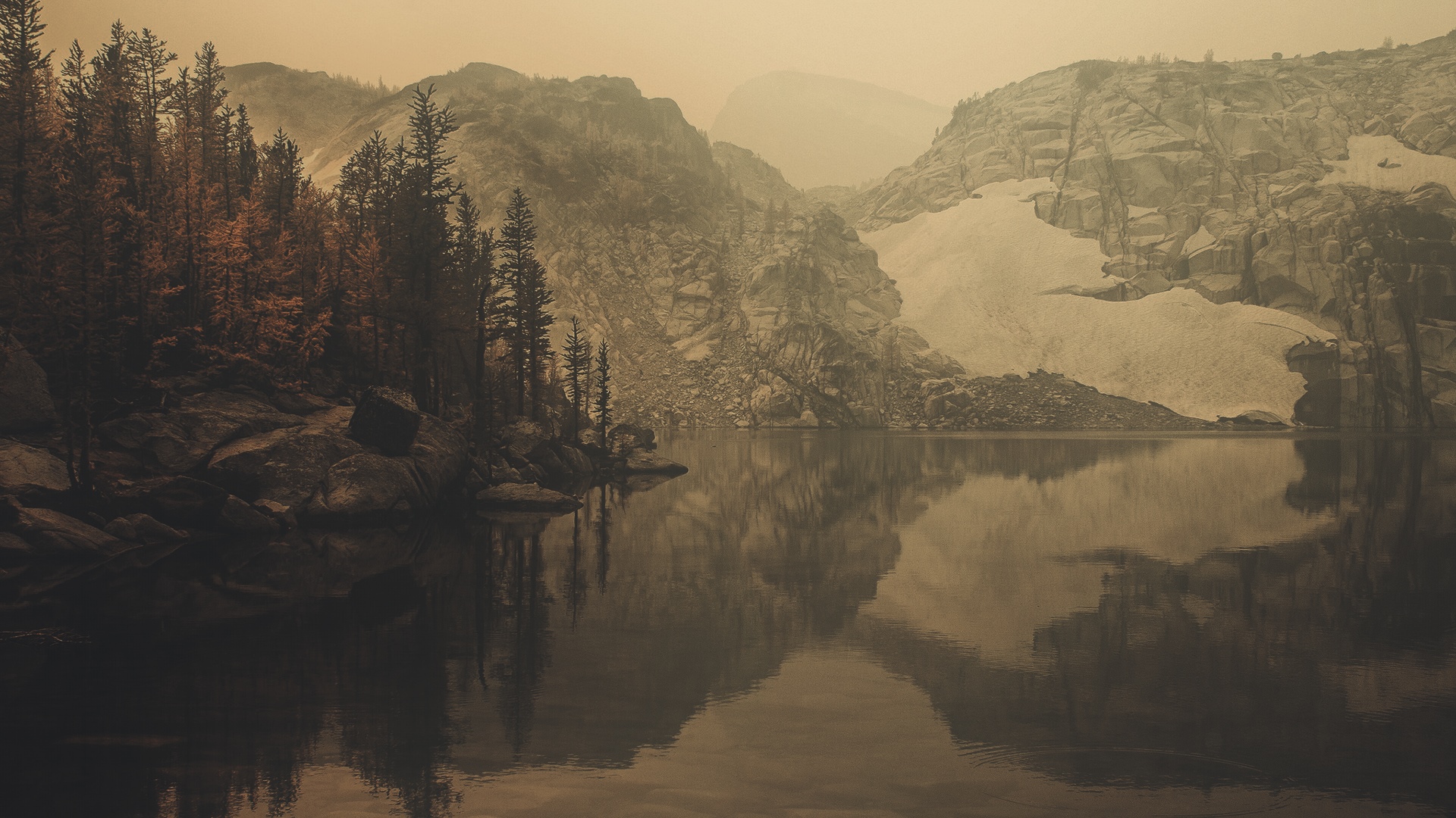 Lake with mountains, trees, and snow HD Wallpaper