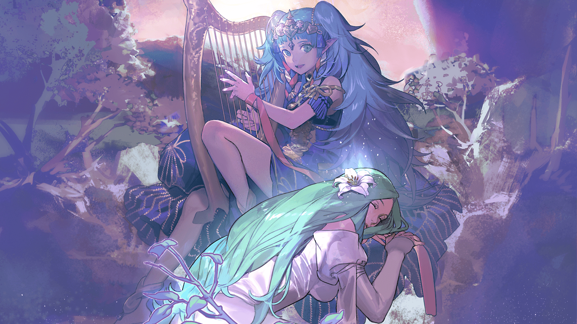 Sothis playing a harp with a flower-adorned companion HD Wallpaper