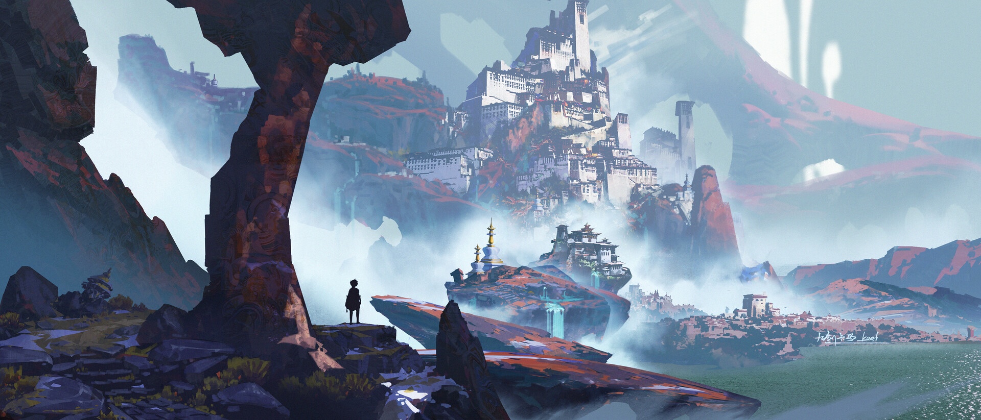 Fantasy castle on floating islands with a lone figure HD Wallpaper